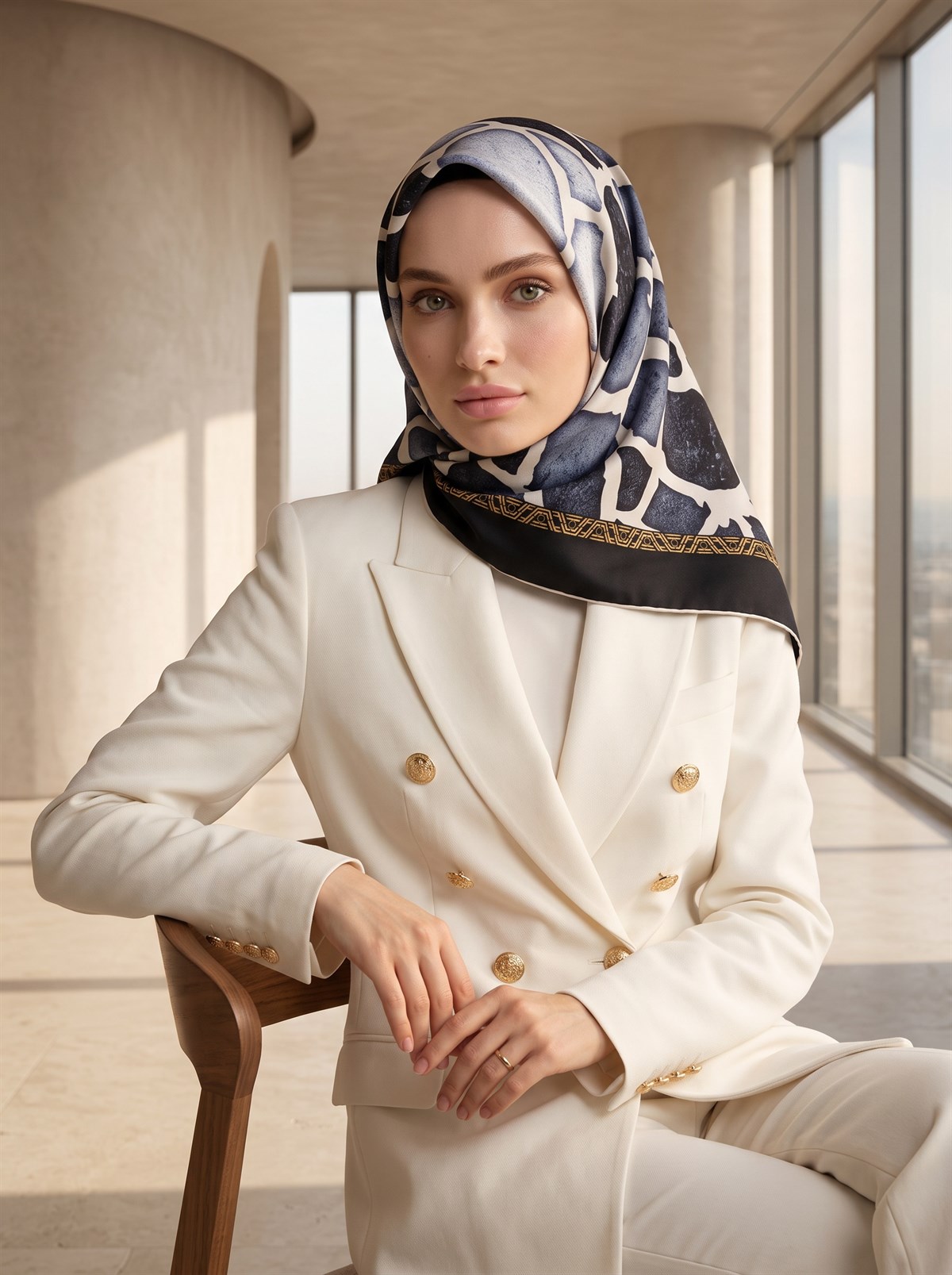 %100 Twill İpek Zürafa Desenli Siyah - Gri Renkli 90x90 Eşarp Dikim Şekli : El Dikişi
