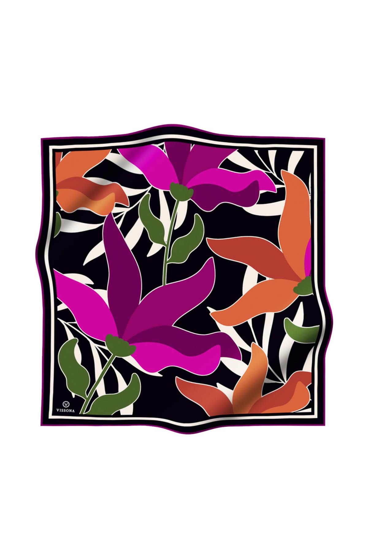 %100 Twill İpek Yaprak Desenli Taba - Mürdüm Renkli 90x90 Eşarp Dikim Şekli : El Dikişi