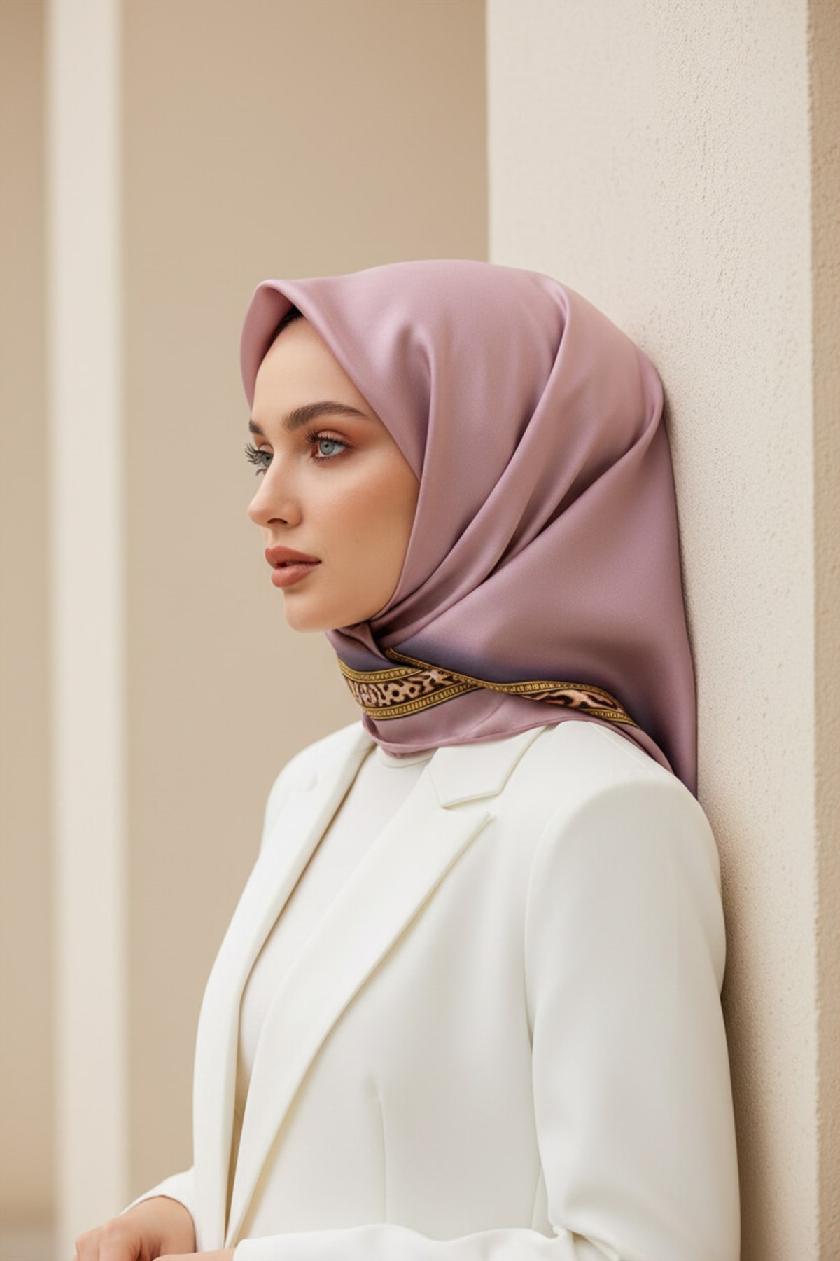 %100 Twill İpek Bordürü Leoparlı Düz Desenli Pudra - Gold Renkli 90x90 Eşarp Dikim Şekli : El Dikişi