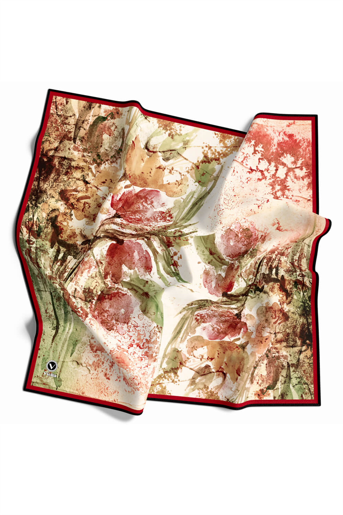 Rayon Sulu Boyalı Çiçek Desenli Bordo Renkli 90x90 Eşarp (İpek İçermez) Kenar Dikiş Şekli El Dikişli