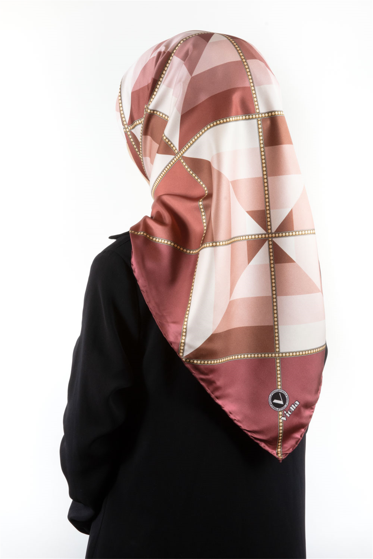 Twill Geometrik Desenli Gül Kurusu Renkli 90x90 Eşarp (İpek İçermez) Kenar Dikiş Şekli El Dikişli