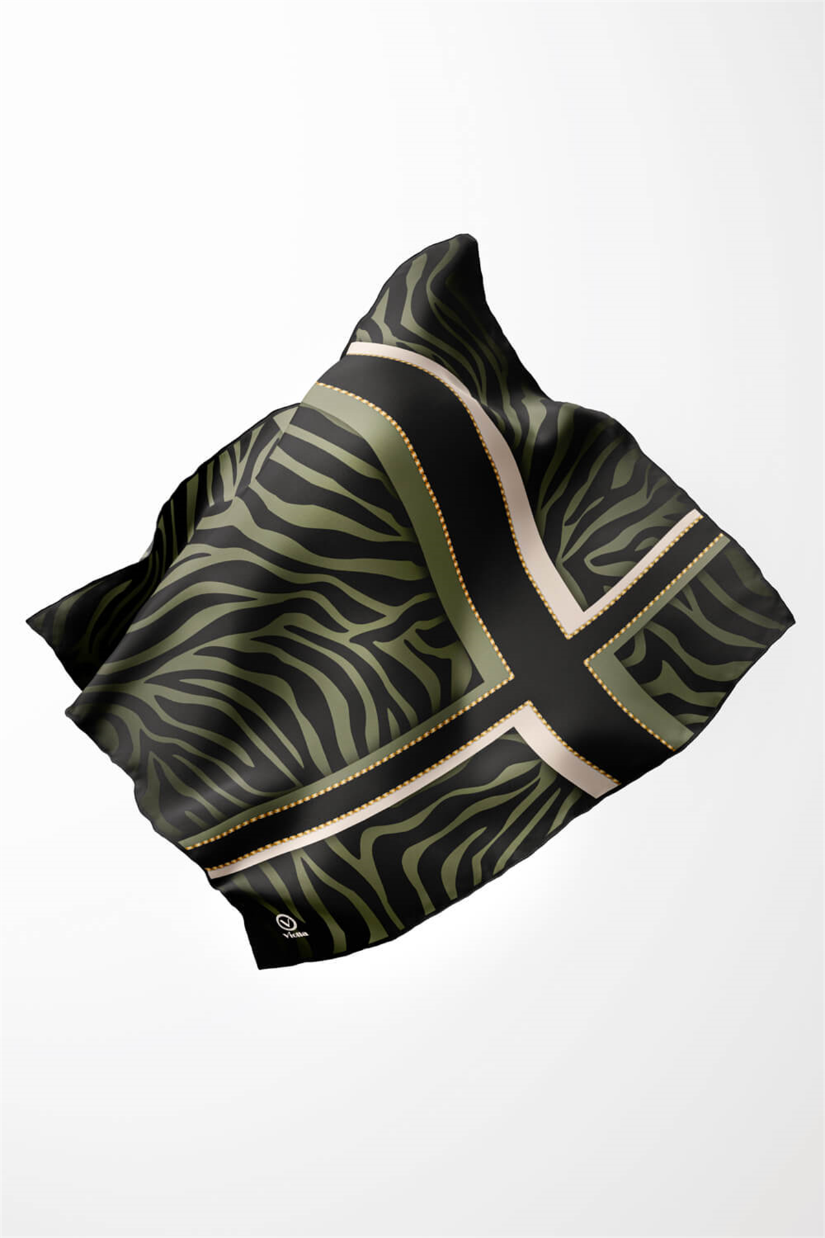 Twill Zebra Desenli Siyah - Haki Renkli 90x90 Eşarp (İpek İçermez) Dikim Şekli : El Dikişi