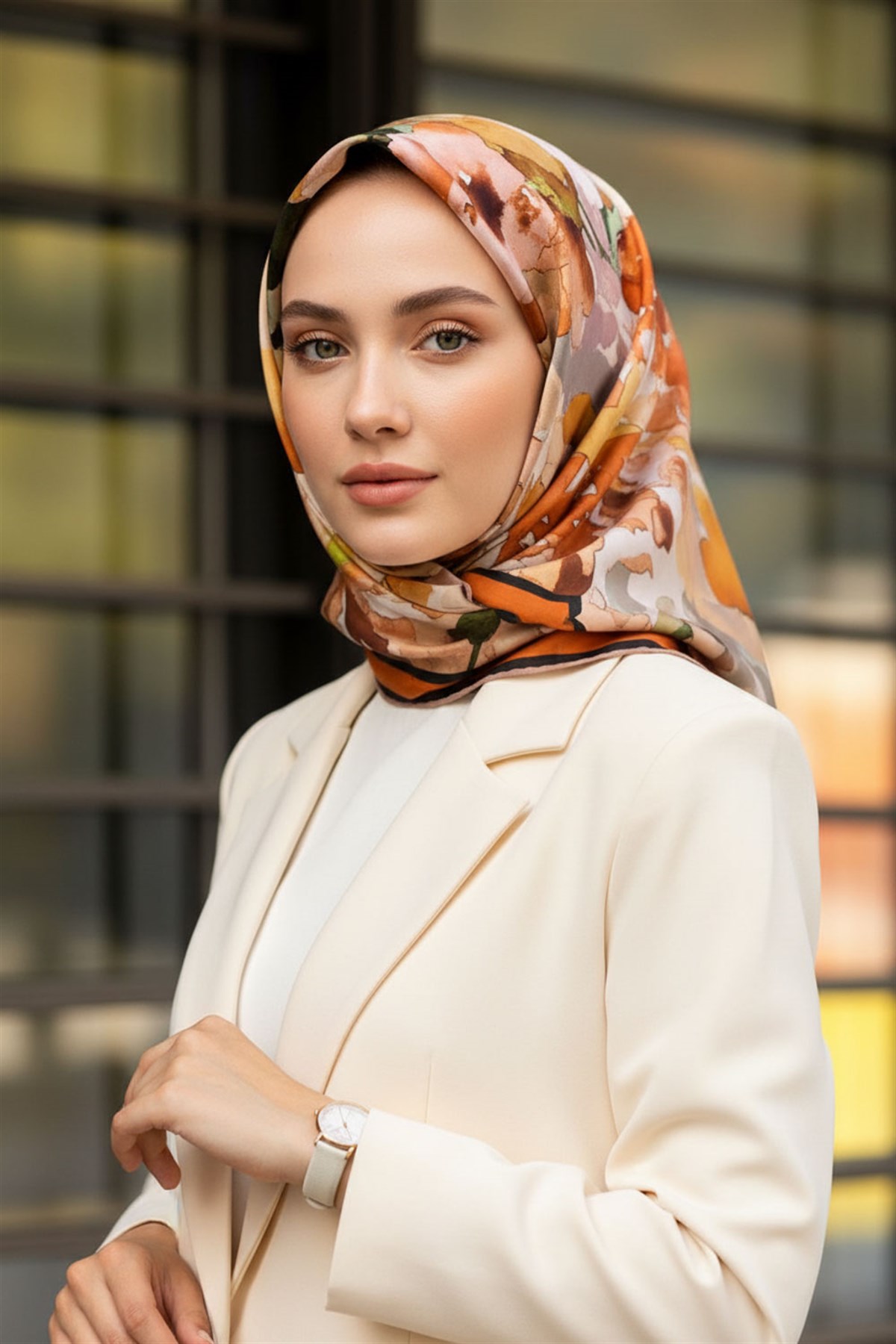 %100 Twill İpek Sulu Boyalı Çiçek Desenli Turuncu - Gold Renkli 90x90 Eşarp Dikim Şekli : El Dikişi
