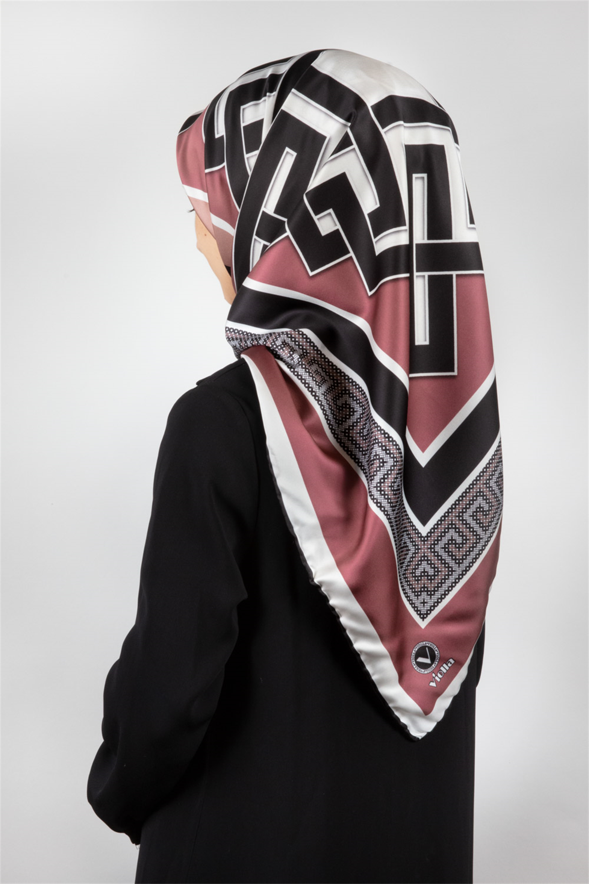 Twill Çizgili Sonsuzluk Düğümü Desenli Gül Kurusu Renkli 90x90 Eşarp (İpek İçermez)