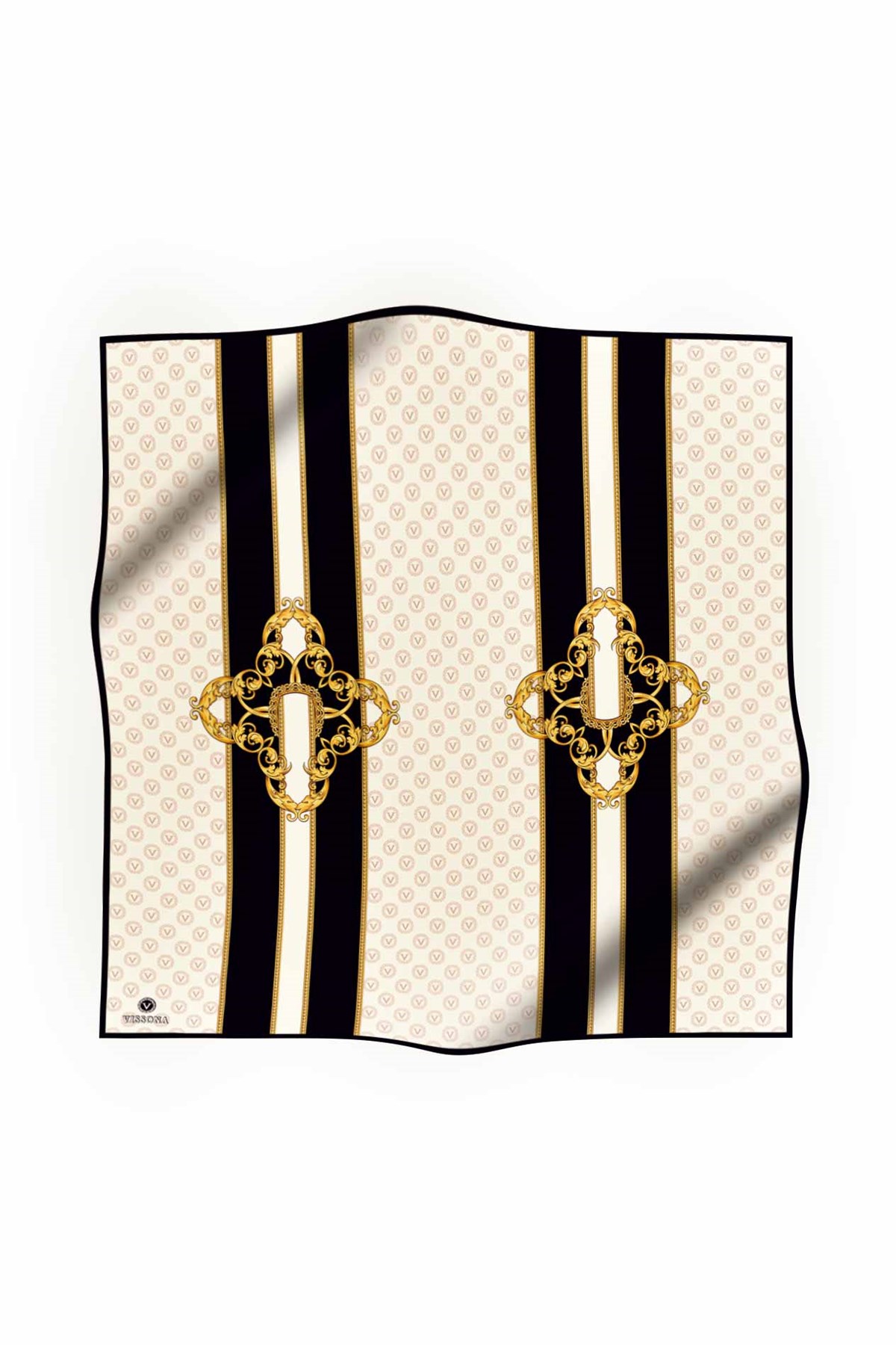 %100 Twill İpek Monogramlı Ve Barok Desenli Siyah - Krem Renkli 90x90 Eşarp Dikim Şekli : El Dikişi
