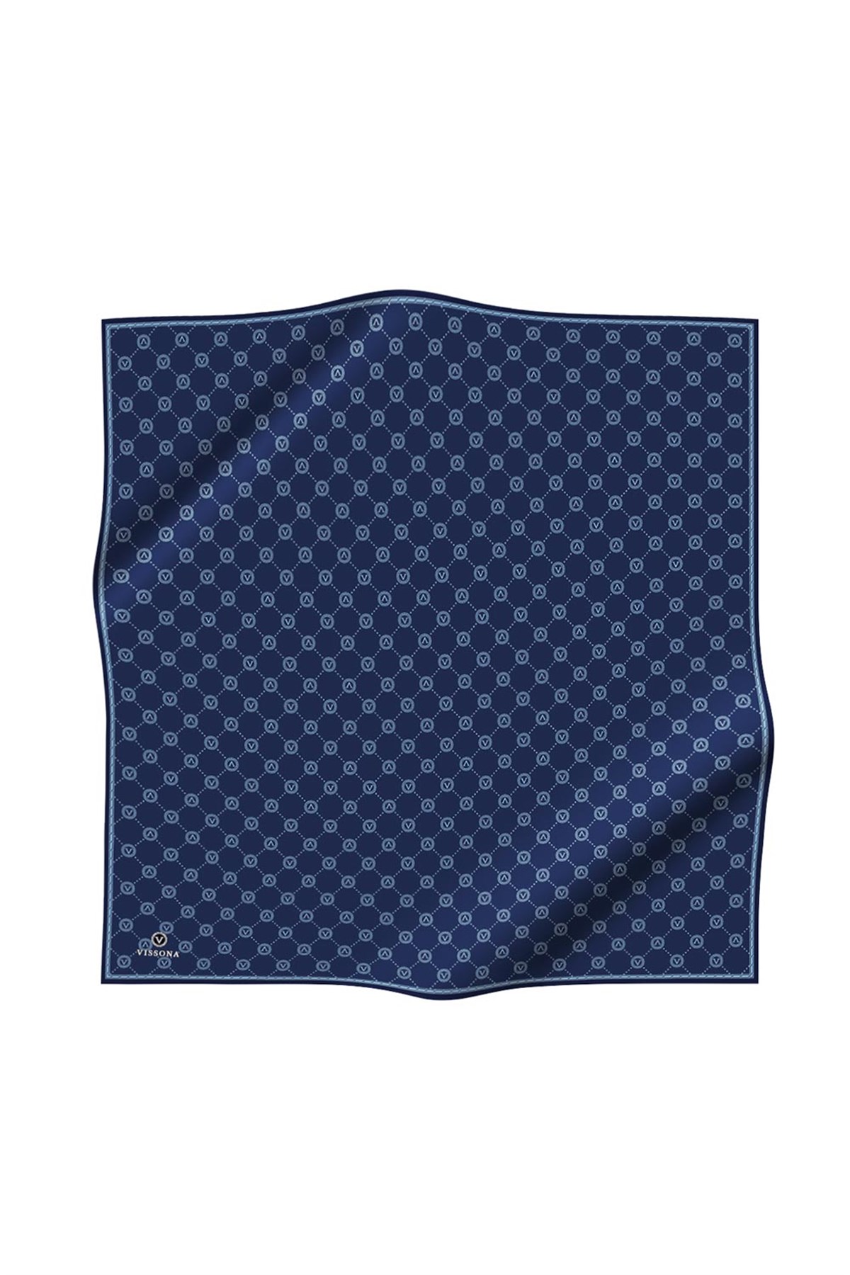 %100 Twill İpek Monogram Desenli İndigo Renkli 90x90 Eşarp Dikim Şekli : El Dikişi