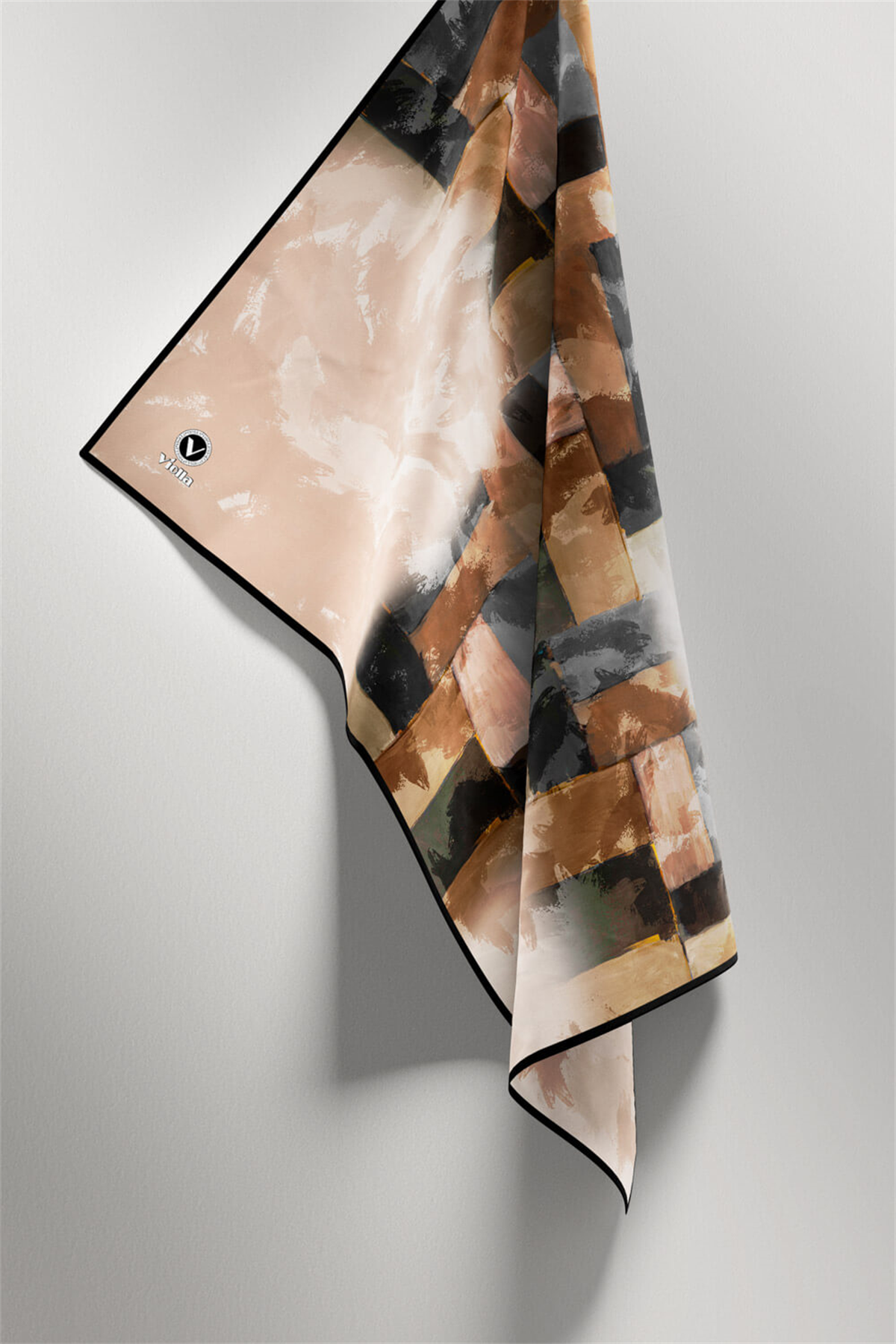 Twill Yağlı Boya Desenli Bej Renkli 90x90 Eşarp (İpek İçermez) Kenar Dikiş Şekli El Dikişli