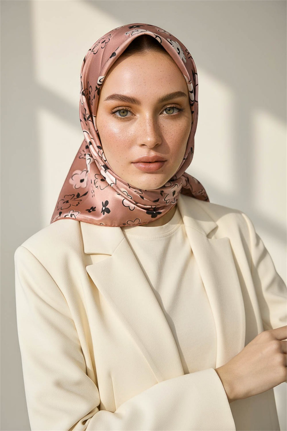 Rayon Papatya Desenli Somon Renkli 90x90 Eşarp (İpek İçermez) Kenar Dikiş Şekli El Dikişli