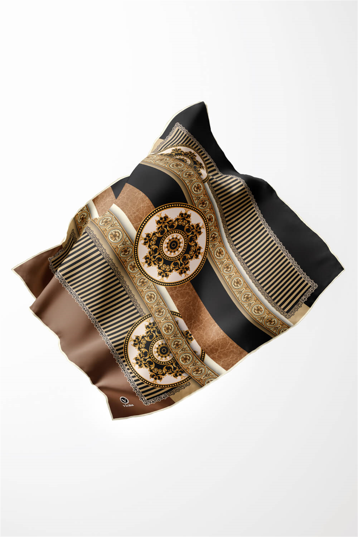 Twill Çizgili ve Barok Desenli Bej Renkli 90x90 Eşarp (İpek İçermez) Kenar Dikiş Şekli El Dikişli