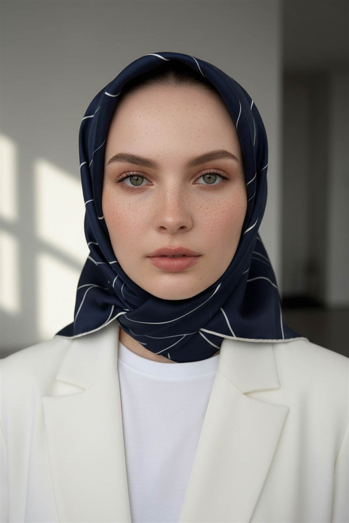 %100 Twill İpek Çizgi Desenli Lacivert - Krem Renkli 90x90 Eşarp Dikim Şekli : El Dikişi
