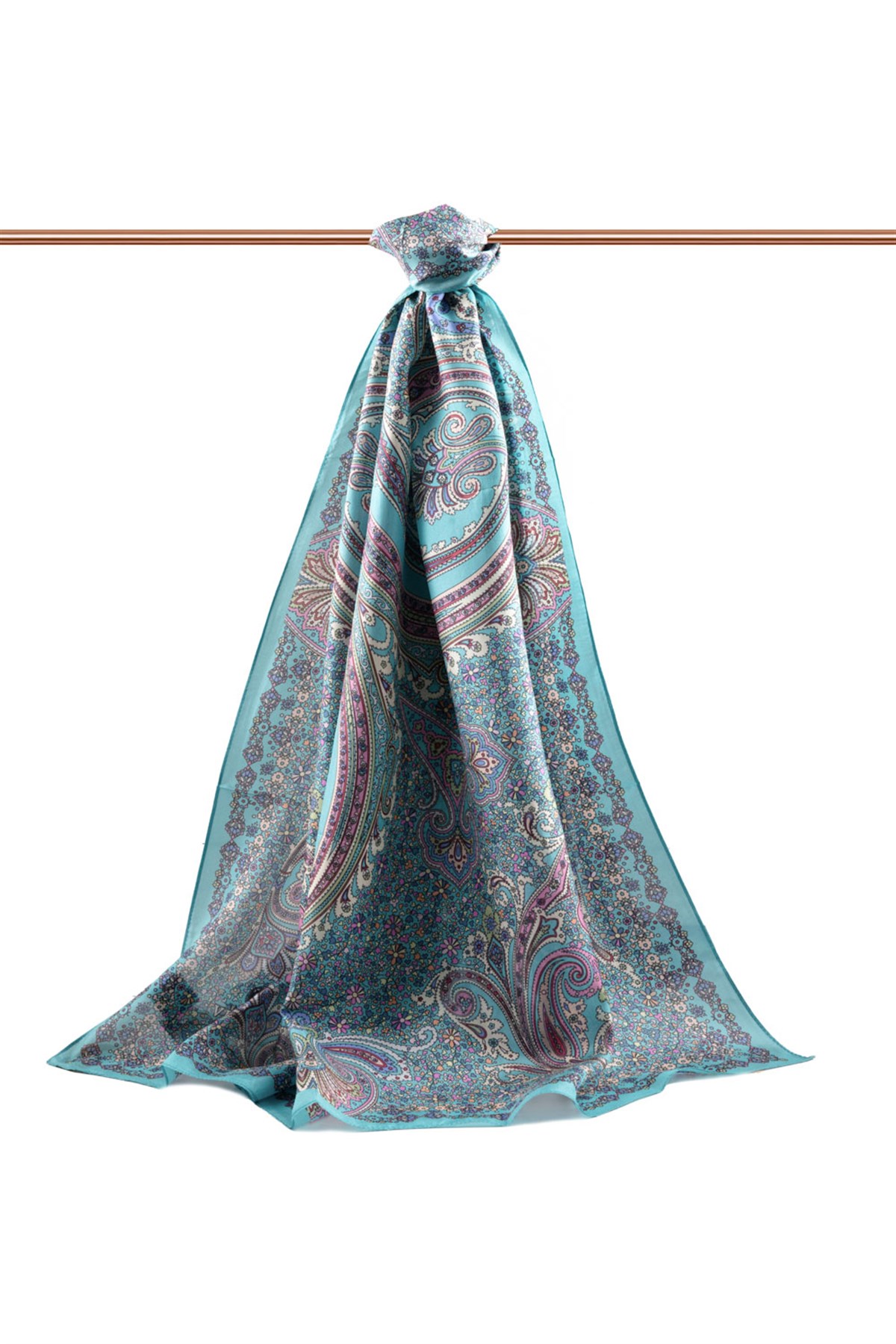 100% İpek Etro Desenli Turkuaz - Pudra Renkli 92x210 Şal