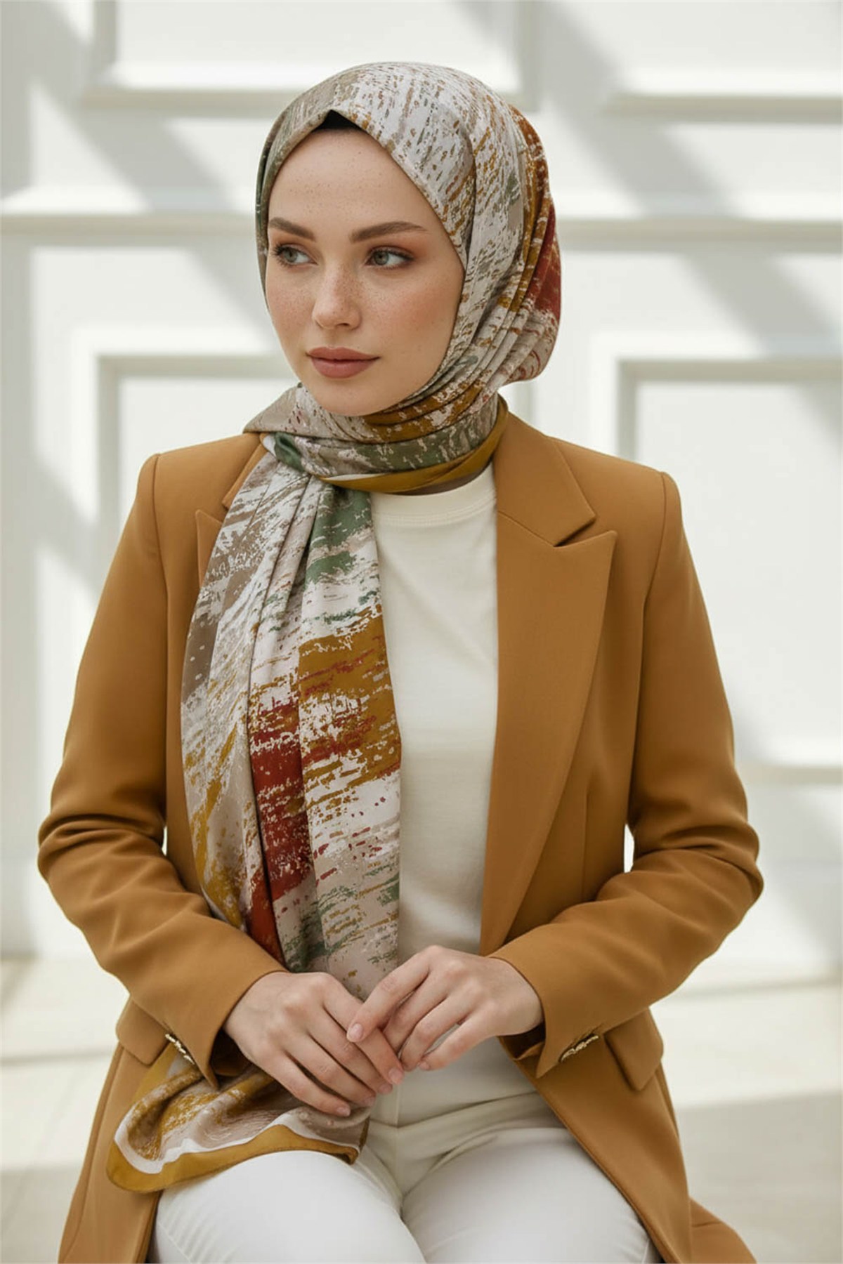 KREP FIRÇA DESENLİ HARDAL RENKLİ 75X195 KIRIŞMAZ ŞAL