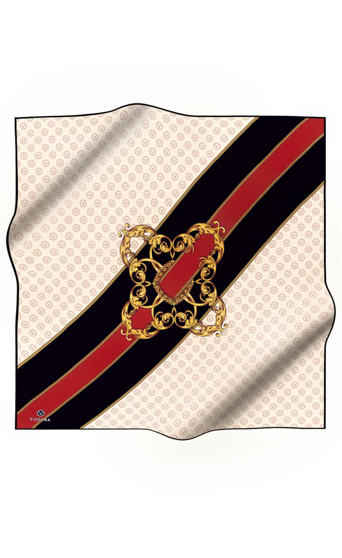 %100 Twill İpek Monogram Ve Barok Desenli Krem - Bordo Renkli 90x90 Eşarp Dikim Şekli : El Dikişi