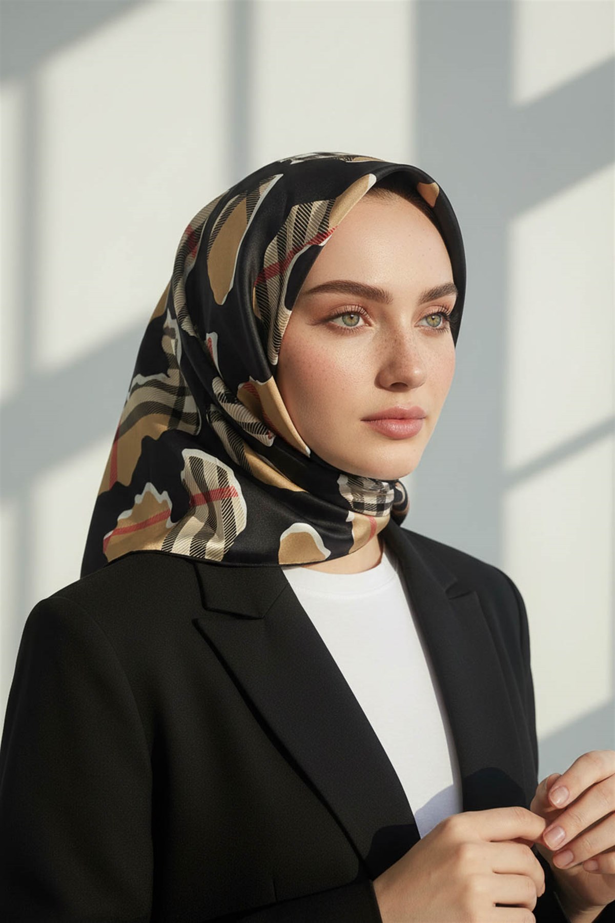 %100 Twill İpek Leopar Desenli Siyah - Bej Renkli 90x90 Eşarp Dikim Şekli : El Dikişi