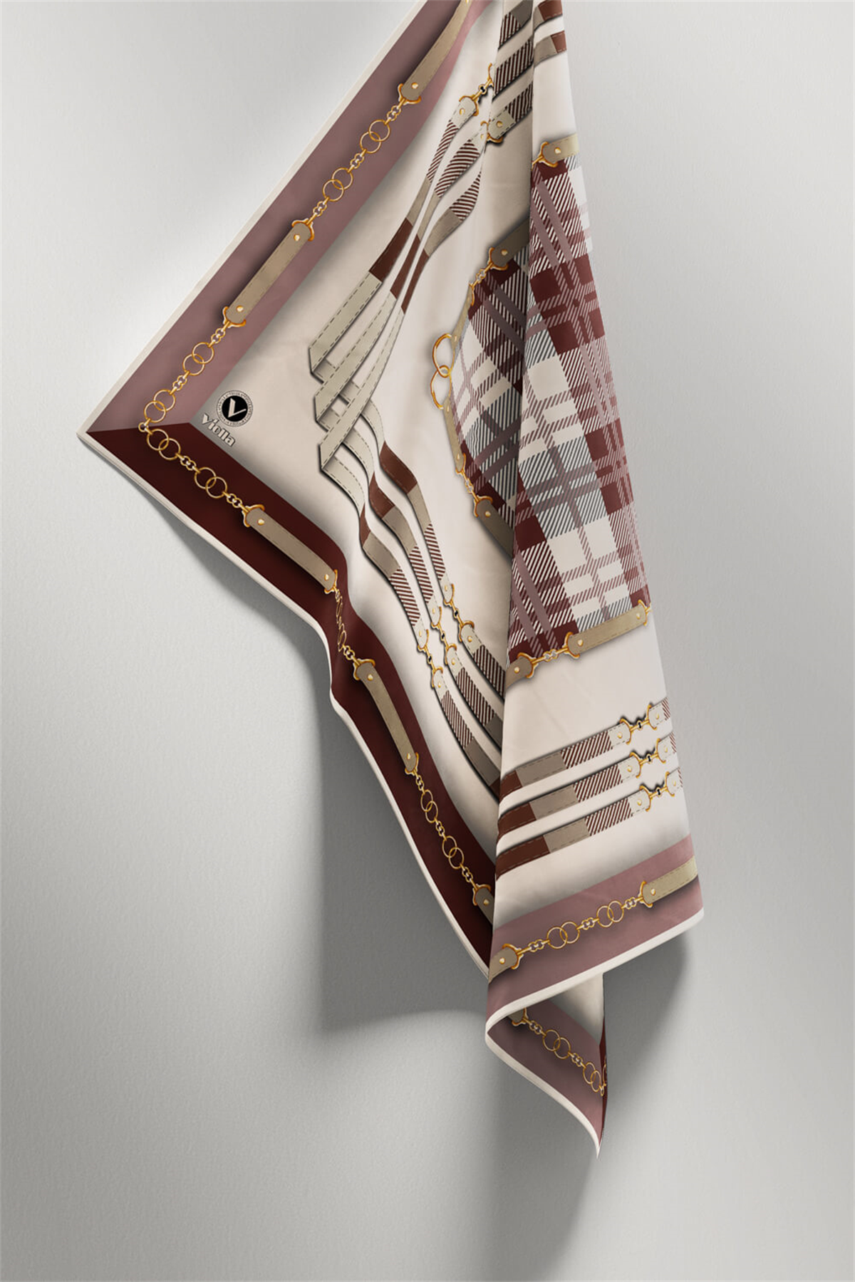 Twill Ekoseli Ve Zincir Desenli Gül Kurusu Renkli 90x90 Eşarp (İpek İçermez) Dikim Şekli : El Dikişi