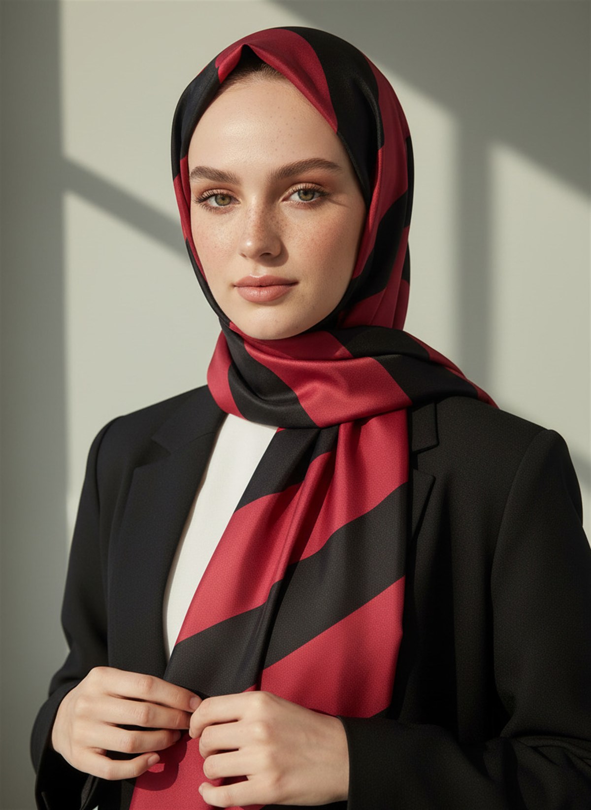 %100 Saf İpek Şal İnce Saten Vual Dokuma Çizgili Desenli Bordo - Siyah Renkli 90x210 Şal