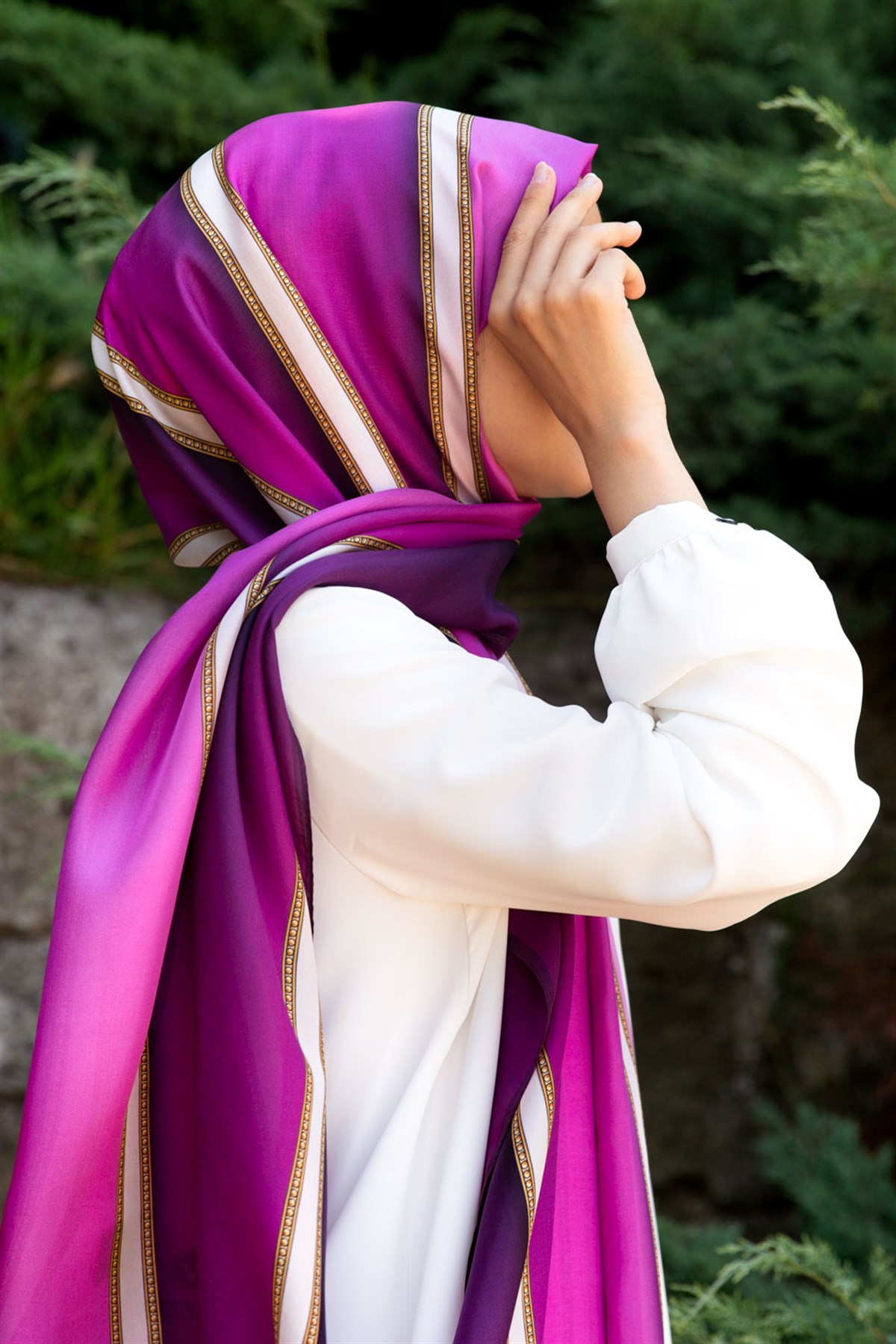 %100 İpek Şerit Desenli Mürdüm - Krem Renkli 92x210 Şal