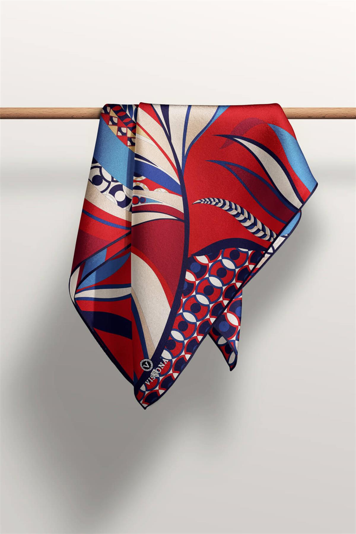 100% Twill Etnik Yaprak Desenli Bordo - Lacivert Renkli 90x90 Dikim Şekli : El Dikişi Eşarp