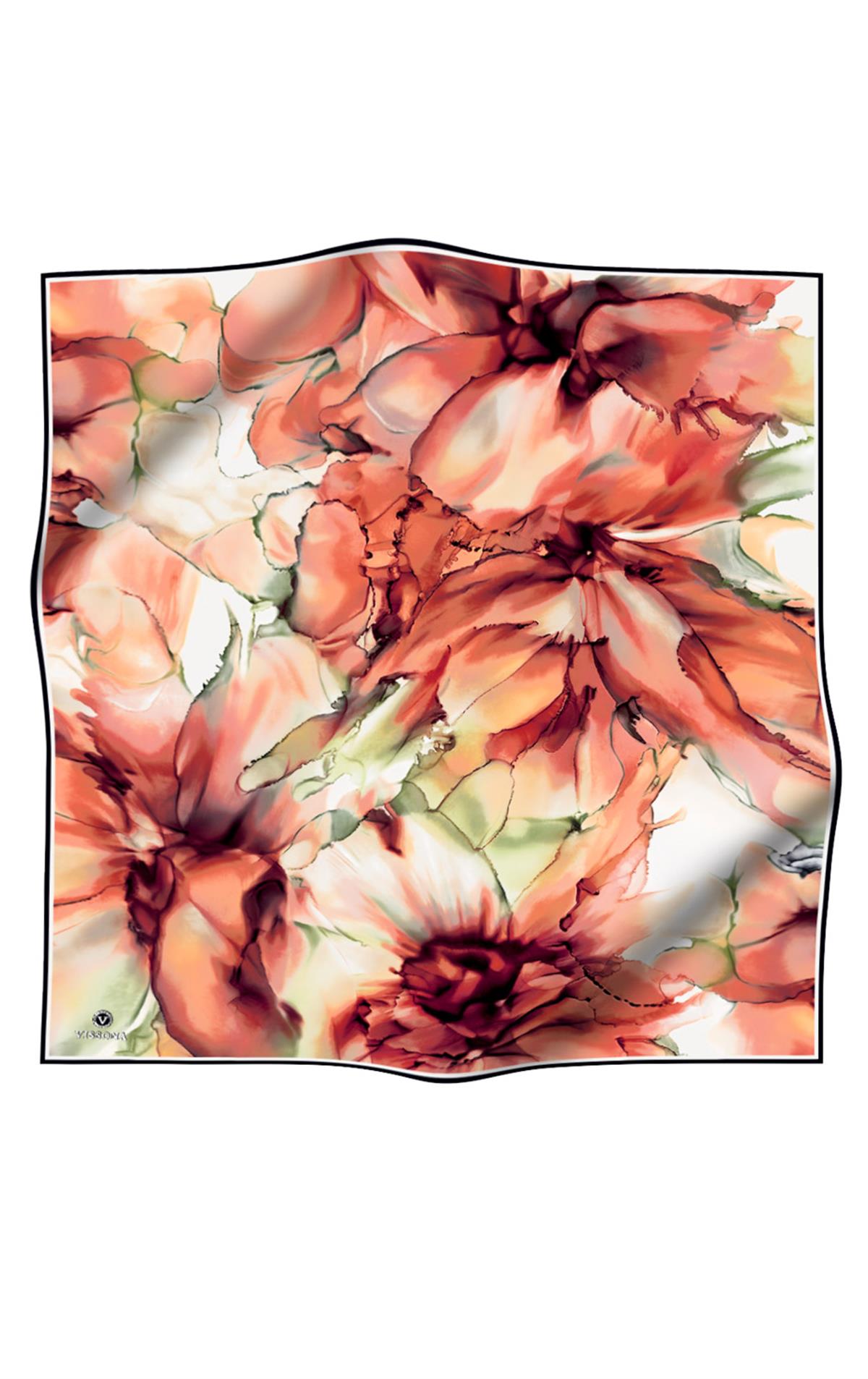 %100 Twill İpek Batik Çiçek Desenli Taba - Haki Yeşili Renkli 90x90 Eşarp Kenar Dikiş Şekli El Dikişli