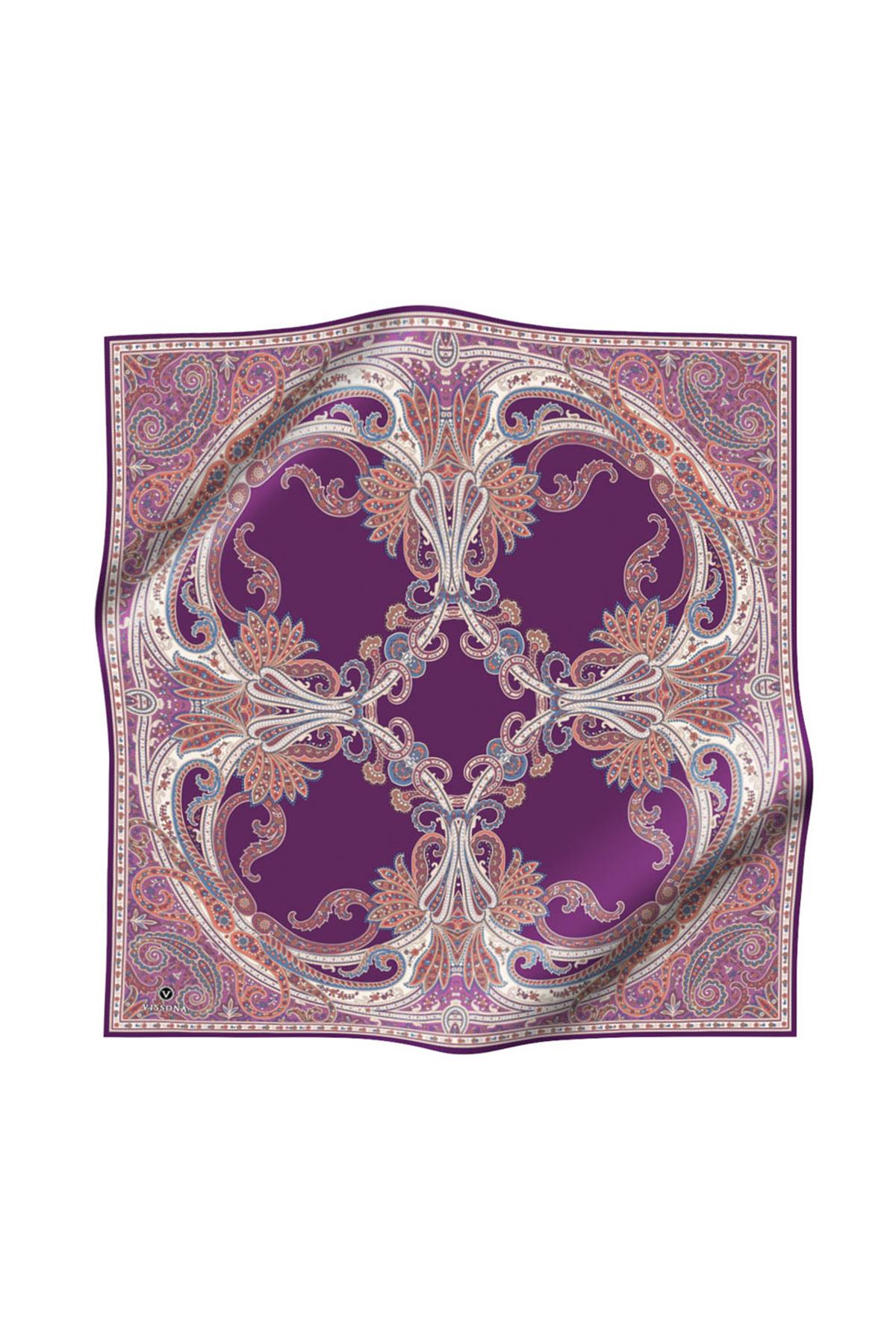 %100 Twill İpek Şal Desenli Mürdüm - Fuşya Renkli 90x90 Eşarp Dikim Şekli : El Dikişi