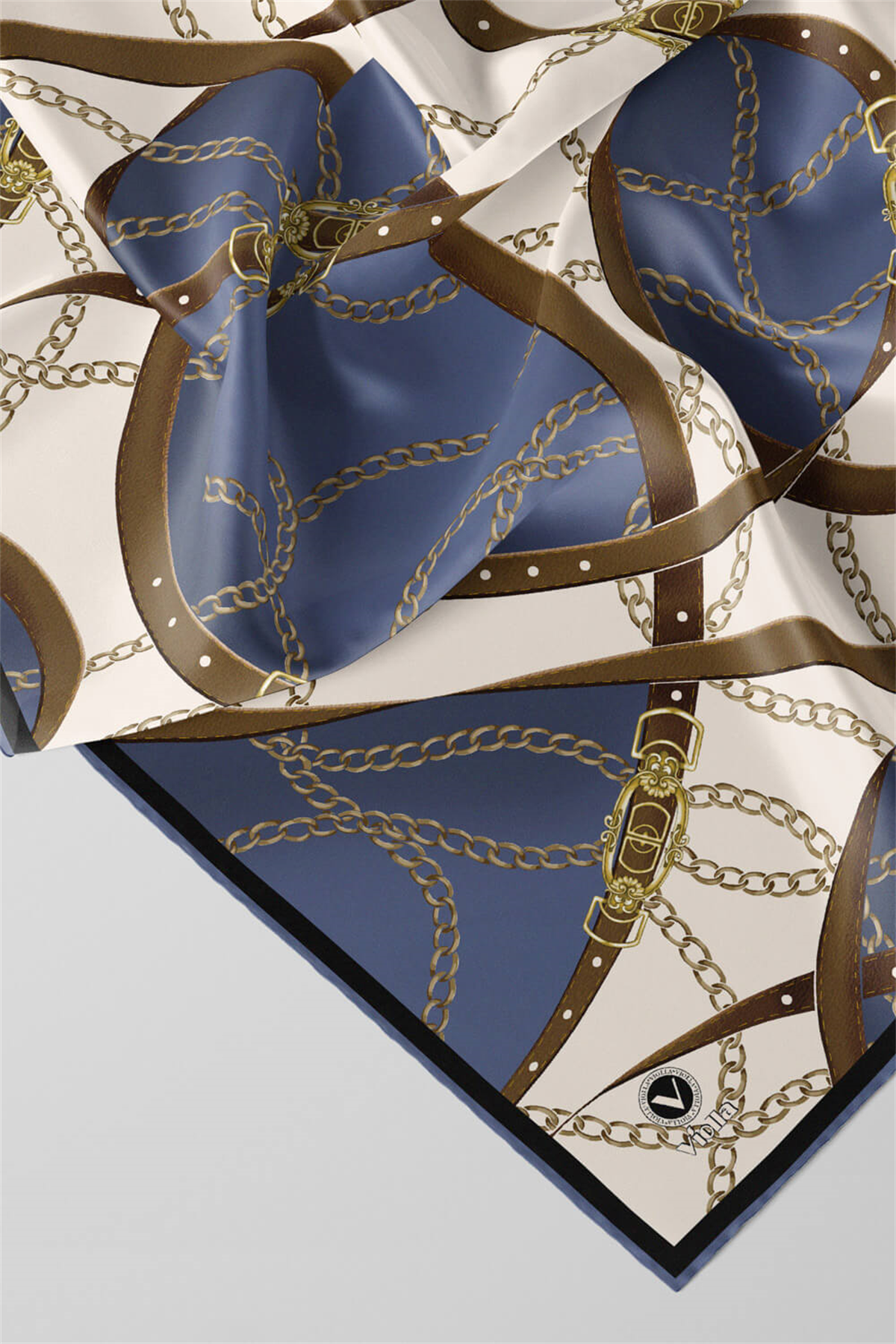 Twill Kemer ve Zincir Desenli İndigo Renkli 90x90 Eşarp (İpek İçermez) Kenar Dikiş Şekli El Dikişli