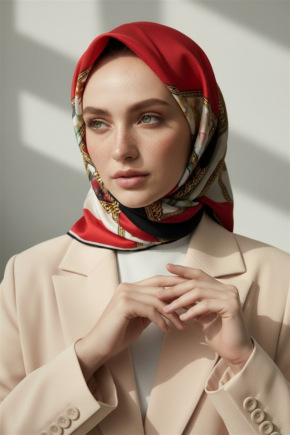 100% Twill İpek Şeritli Çiçek Desenli Kırmızı - Krem Renkli 90x90 Dikim Şekli : El Dikişi Eşarp