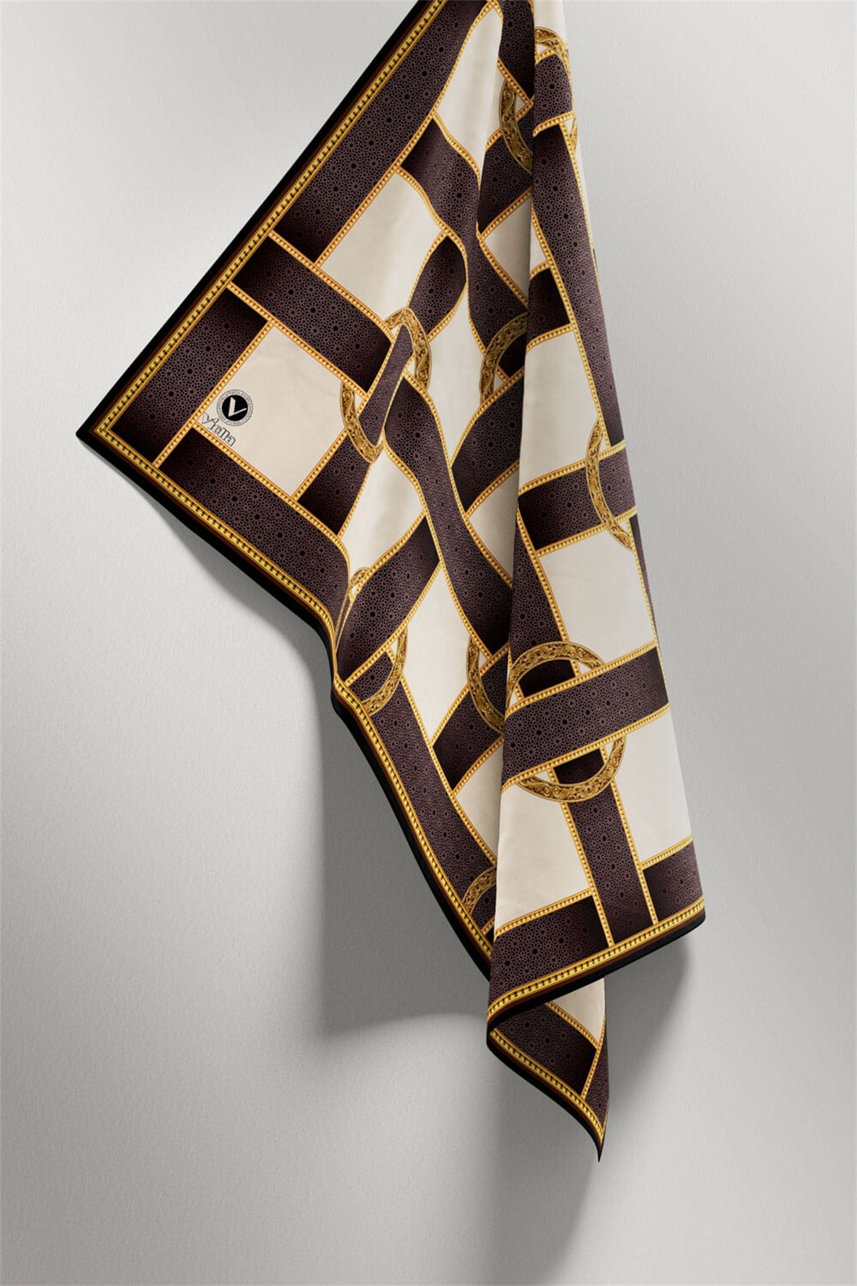 Twill Kemer Desenli Bej Renkli 90x90 Eşarp (İpek İçermez) Dikim Şekli : El Dikişi