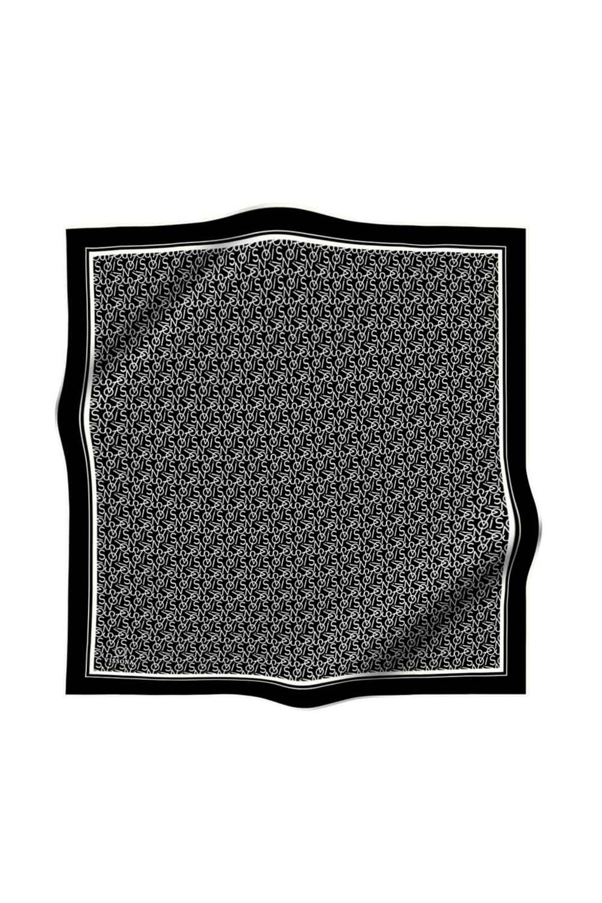 %100 Twill İpek Harf Desenli Siyah - Krem Renkli 90x90 Eşarp Dikim Şekli : El Dikişi