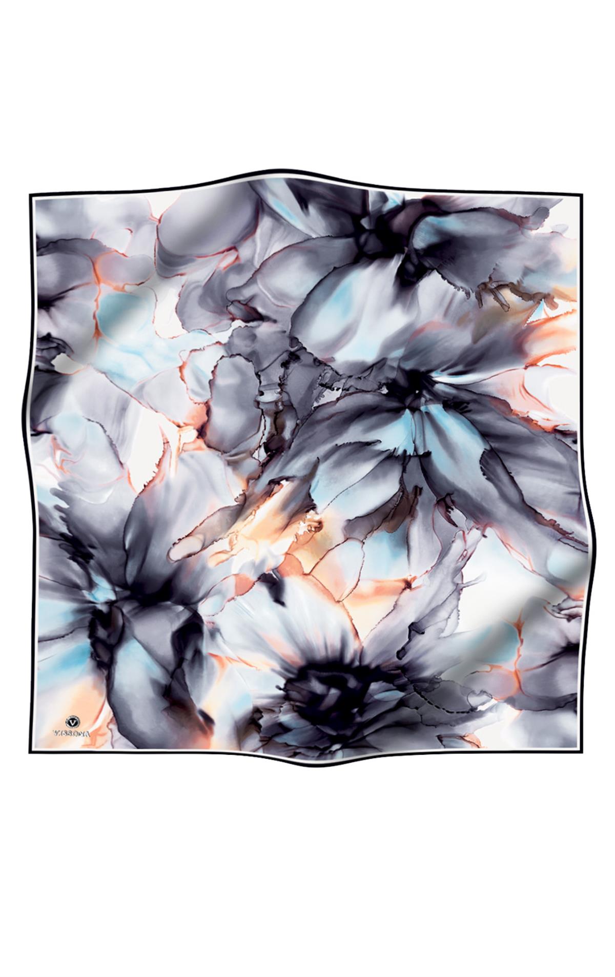 %100 Twill İpek Batik Çiçek Desenli Gri - Bebe Mavisi Renkli 90x90 Eşarp Kenar Dikiş Şekli El Dikişli