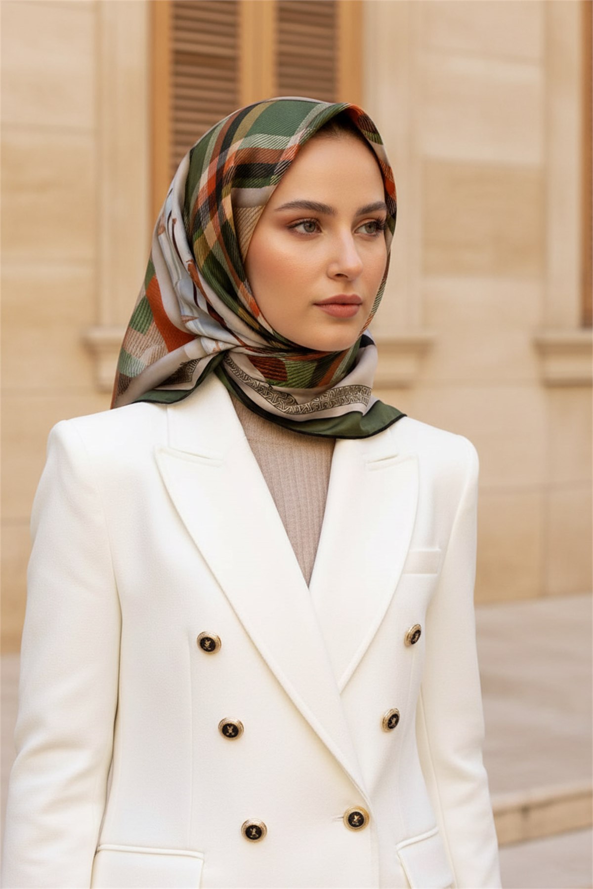 %100 Twill İpek Eşarp 90x90 Haki Taba Ekose Desenli El Dikişli Kadın Eşarp