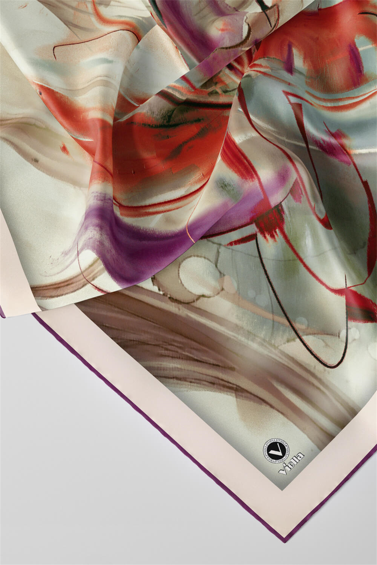 Twill Çiçek Tablo Desenli Mürdüm Renkli 90x90 Eşarp (İpek İçermez) Kenar Dikiş Şekli El Dikişli