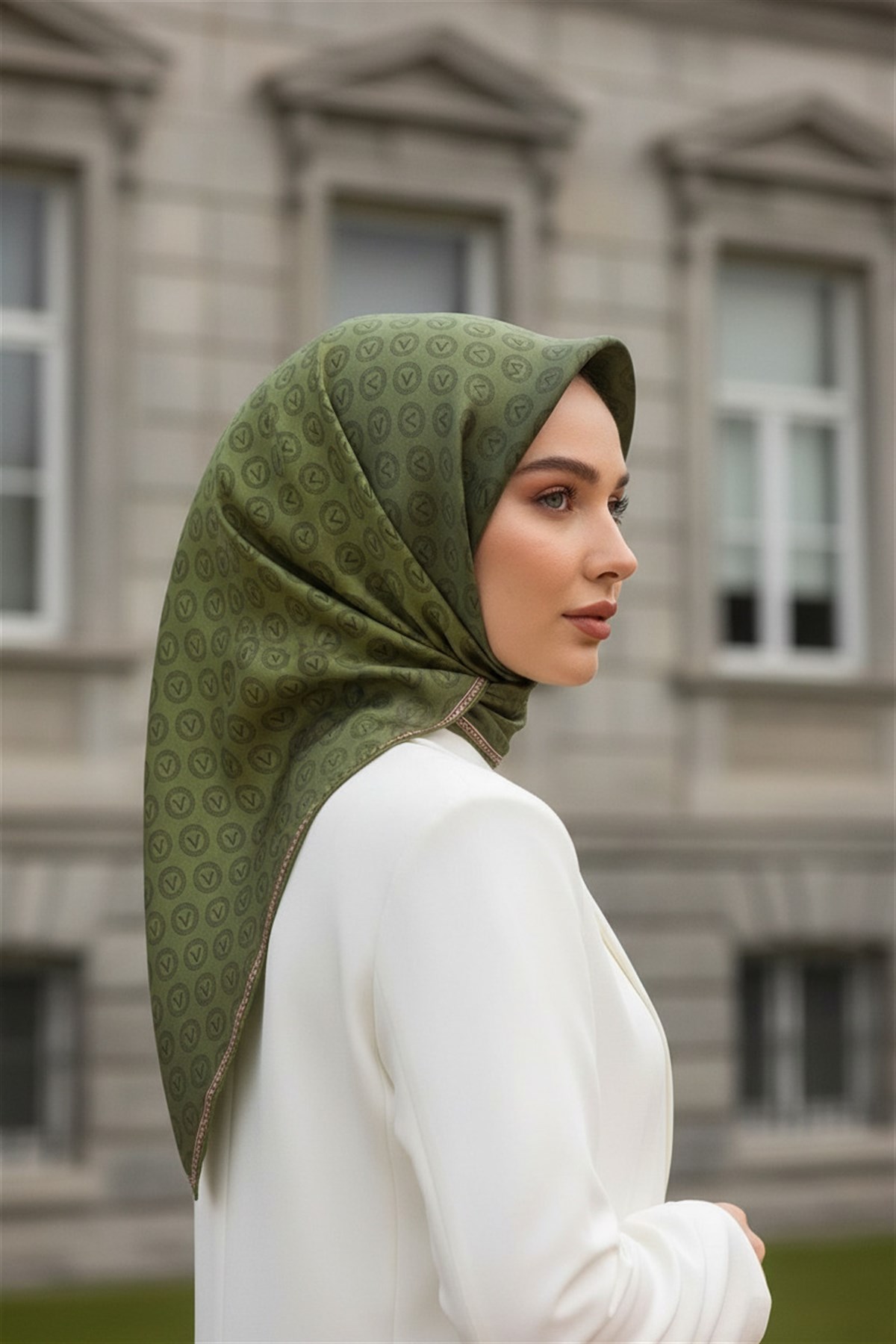 % 57 İPEK % 43 VİSKON Twill İpek Monogram Desenli Haki  Renkli 90x90 Eşarp Dikim Şekli : El Dikişi