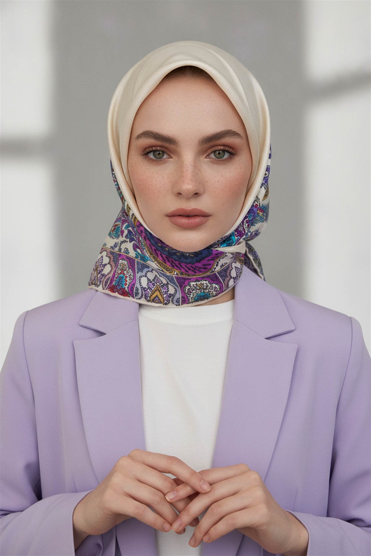 100% Twill İpek Etnik Desenli Krem - Fuşya Renkli 90x90 Dikim Şekli : El Dikişi Eşarp