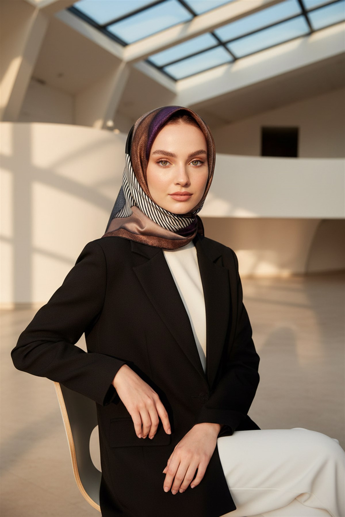 %100 Twill İpek Dokulu ve Geometrik Desenli Mürdüm - Vizon Renkli 90x90 Eşarp Dikim Şekli : El Dikişi