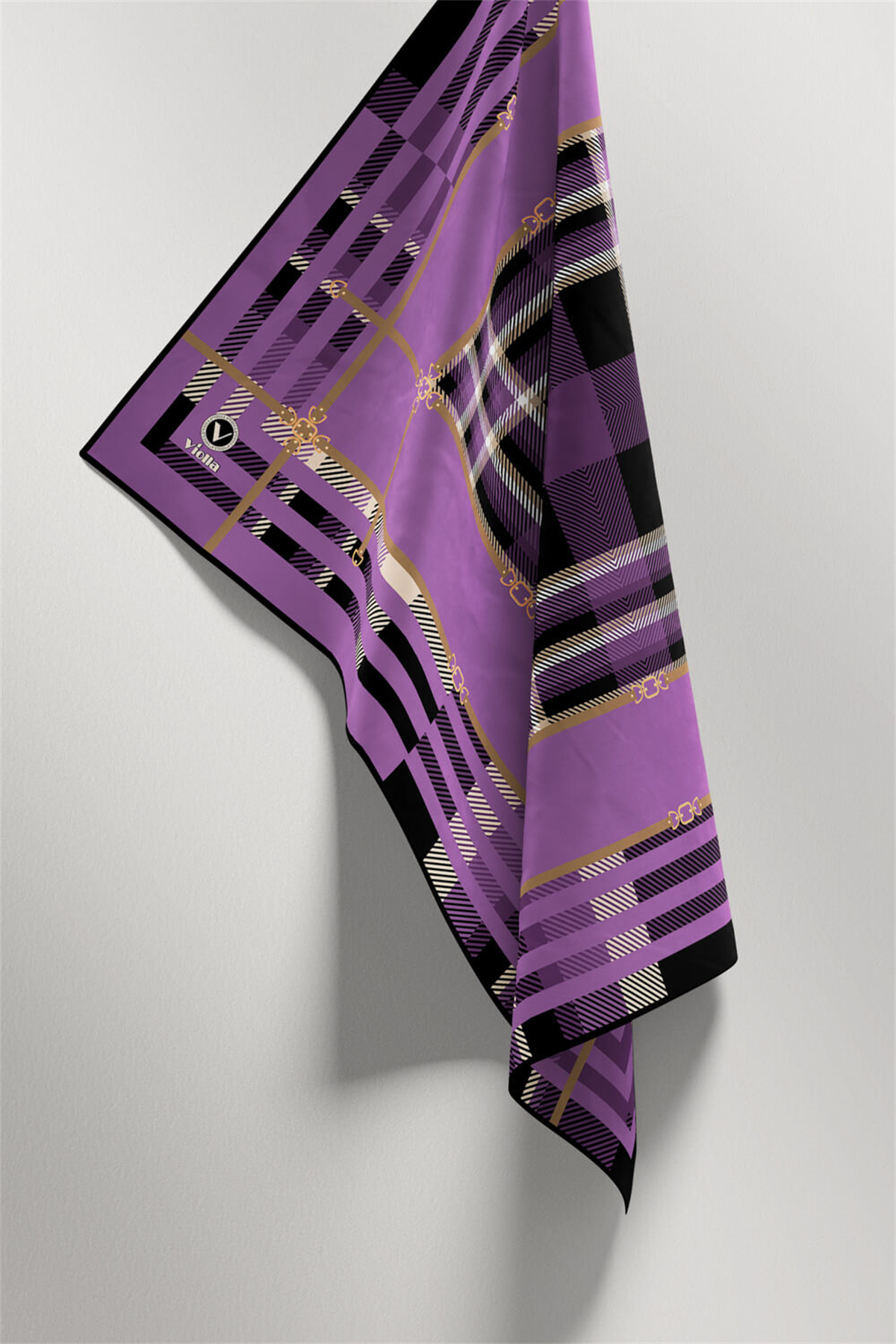 Twill Kemerli ve Ekose Desenli Lila Renkli 90x90 Eşarp (İpek İçermez)Kenar Dikiş Şekli El Dikişli