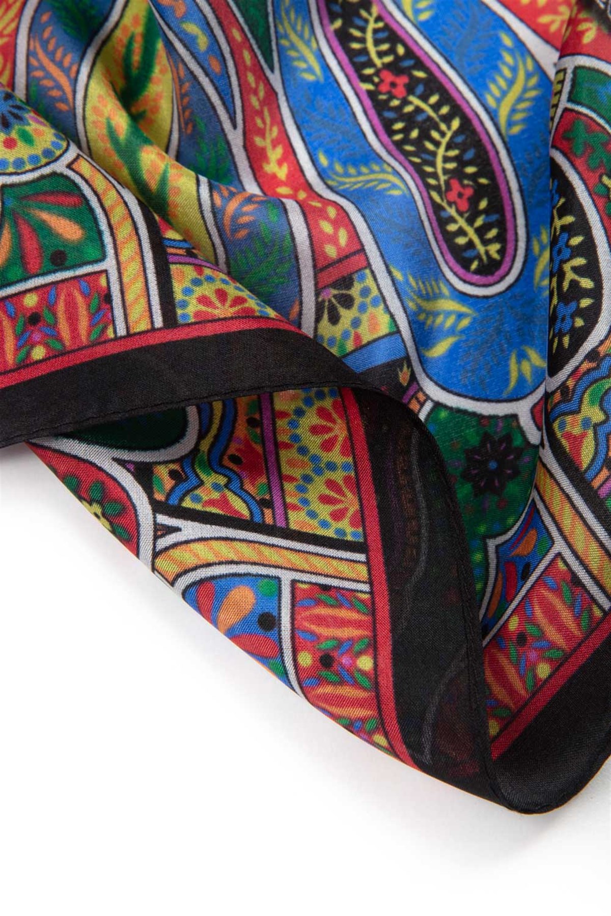 100% İpek Etro Desenli Siyah - Fıstık Yeşili Renkli 92x210 Şal