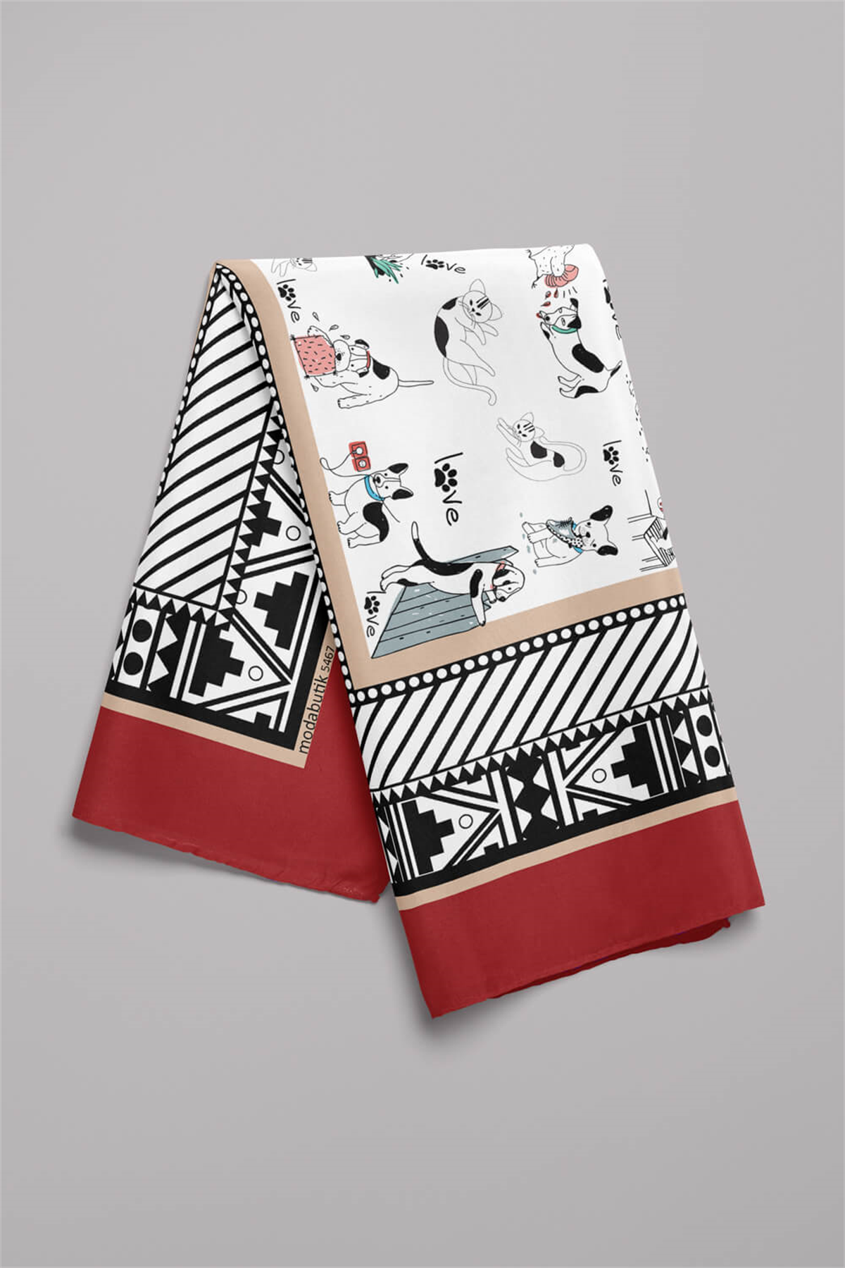 Etnik Dog Desenli Kırmızı Siyah Köpek Bandanası DG5467 45x45