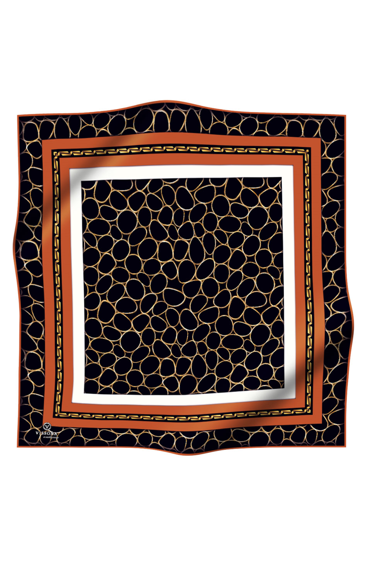 %100 Twill İpek Zincir Desenli Siyah - Taba Renkli 90x90 Eşarp Kenar Dikiş Şekli El Dikişli