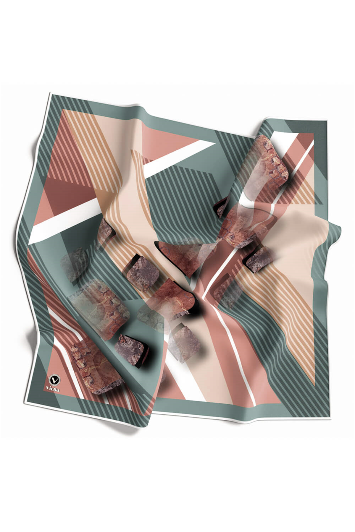 Twill Çizgili ve Geometrik Desenli Mint Renkli 90x90 Eşarp (İpek İçermez) Kenar Dikiş Şekli El Dikişli