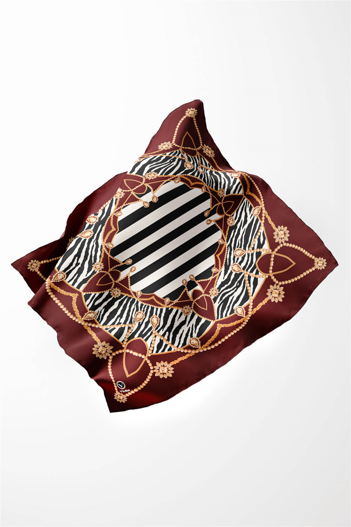 Twill Gold Detaylı Zebra Desenli Bordo Renkli 90x90 Eşarp (İpek İçermez) Kenar Dikiş Şekli El Dikişli
