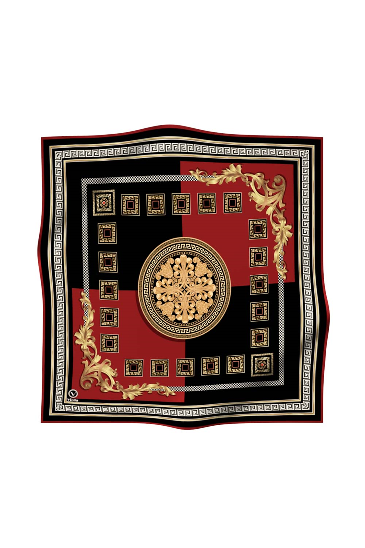 Twill Barok Desenli Bordo Renkli 90x90 Eşarp (İpek İçermez) Kenar Dikiş Şekli El Dikişli