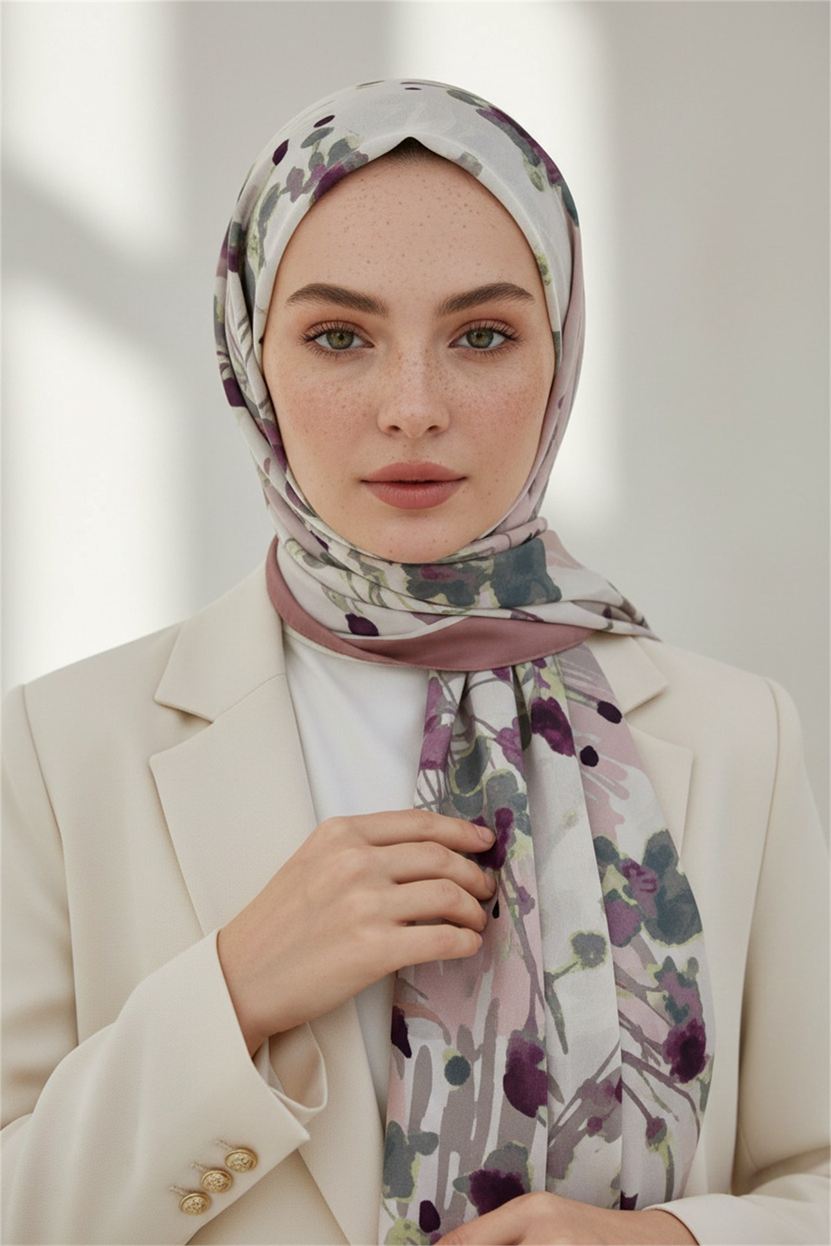 KREP BAHAR DALI DESENLİ PUDRA RENKLİ 75X195 KIRIŞMAZ ŞAL