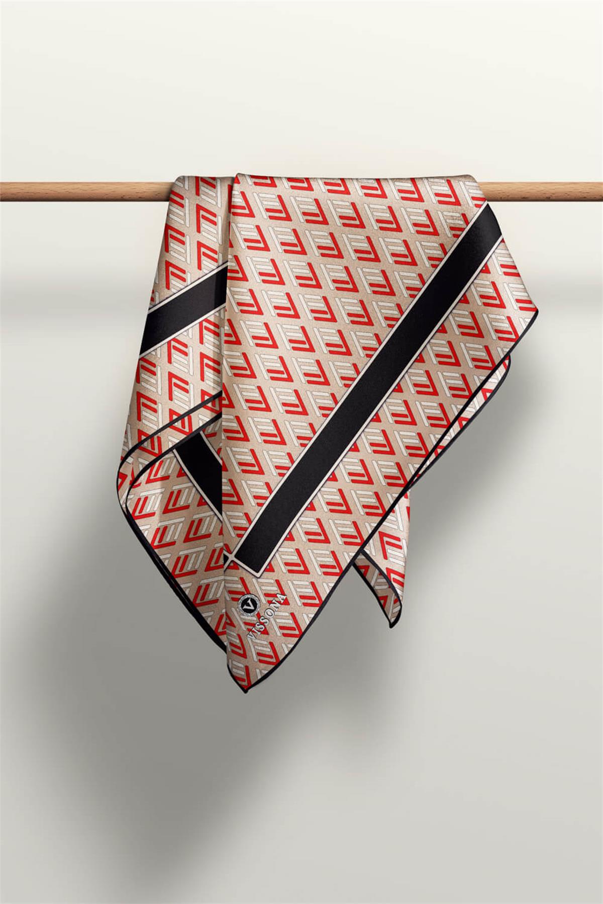 %100 Twill İpek Geometrik Desenli Bej - Kırmızı Renkli 90x90 Eşarp Dikim Şekli : El Dikişi