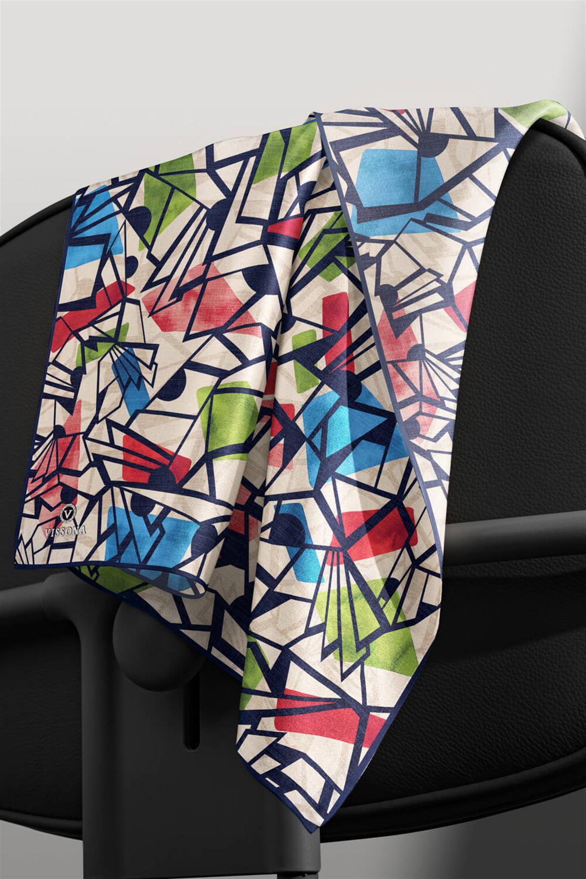 %100 Twill Renkli Petek Desenli Kırmızı - Saks Renkli 90x90 Eşarp Dikim Şekli: El Dikişii