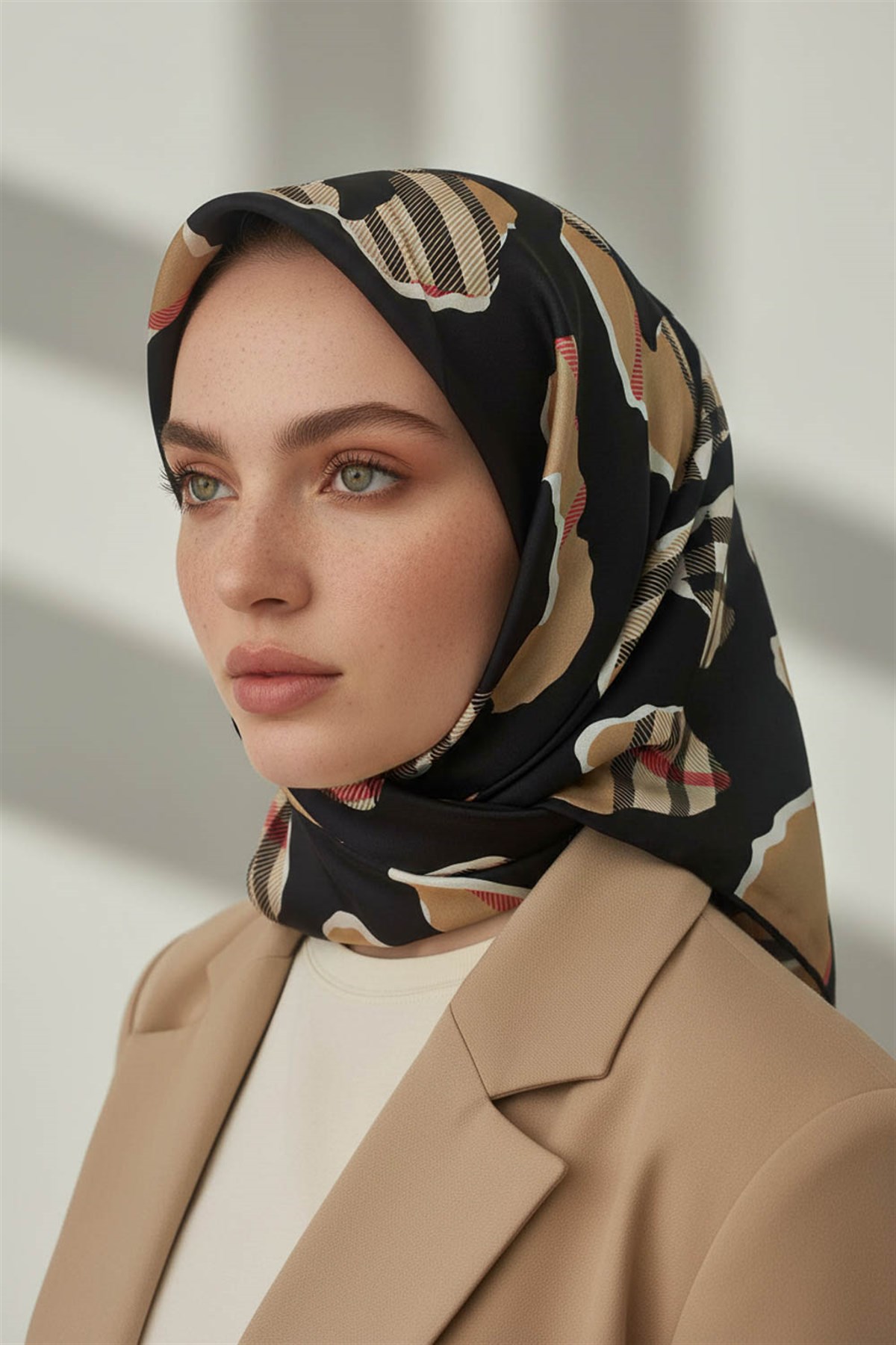 %100 Twill İpek Leopar Desenli Siyah - Bej Renkli 90x90 Eşarp Dikim Şekli : El Dikişi
