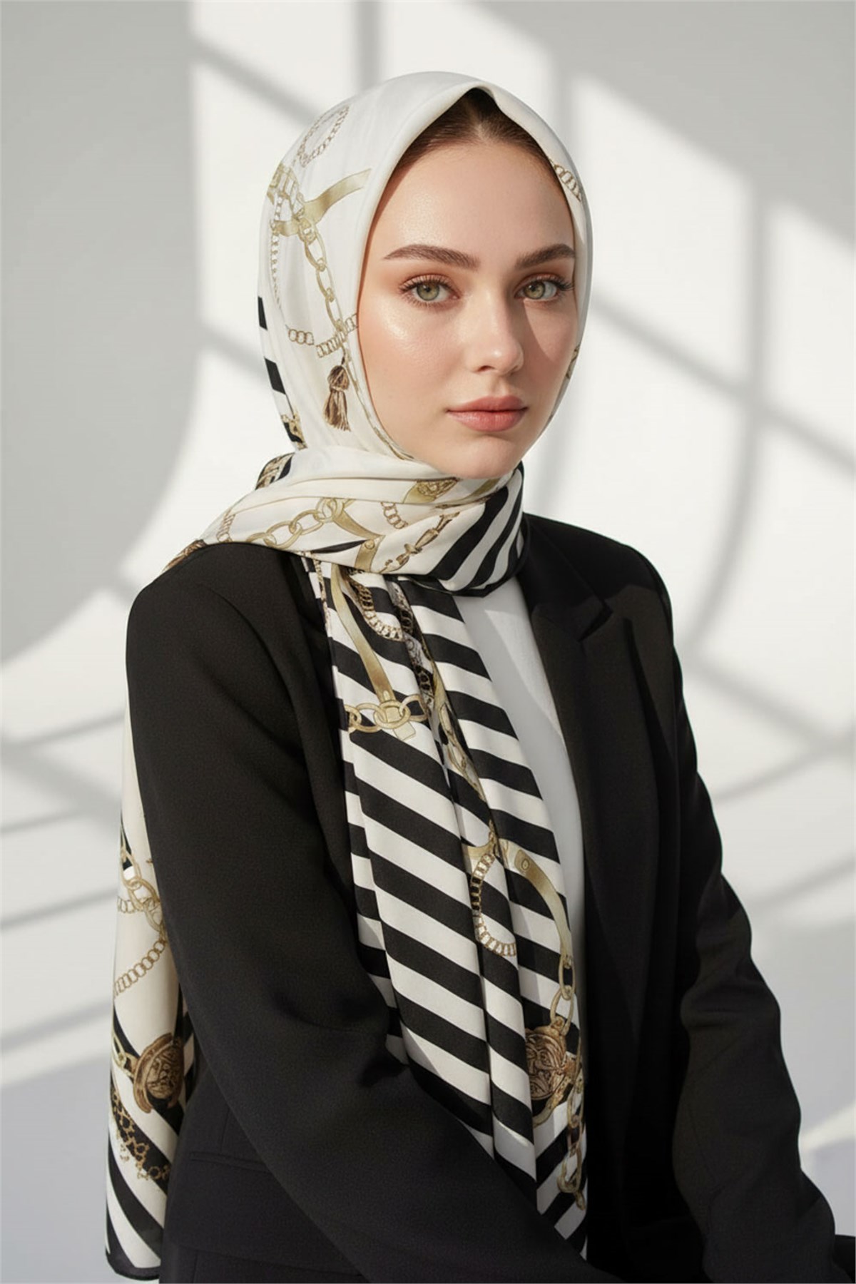 KREP ÇİZGİLİ DESENLİ TAŞ - KREM RENKLİ 75X195 KIRIŞMAZ ŞAL