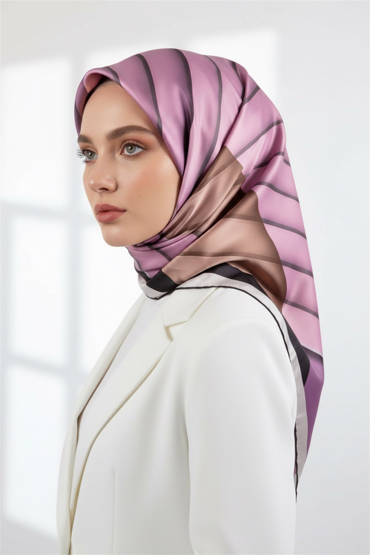 Rayon Zikzak Çizgi Desenli Lila Renkli 90x90 Eşarp (İpek İçermez) Dikim Şekli : El Dikişi