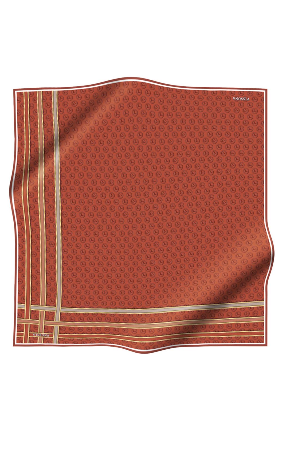 %100 Twill İpek Monogram Desenli Taba - Bej Renkli 90x90 Eşarp Dikim Şekli : El Dikişi