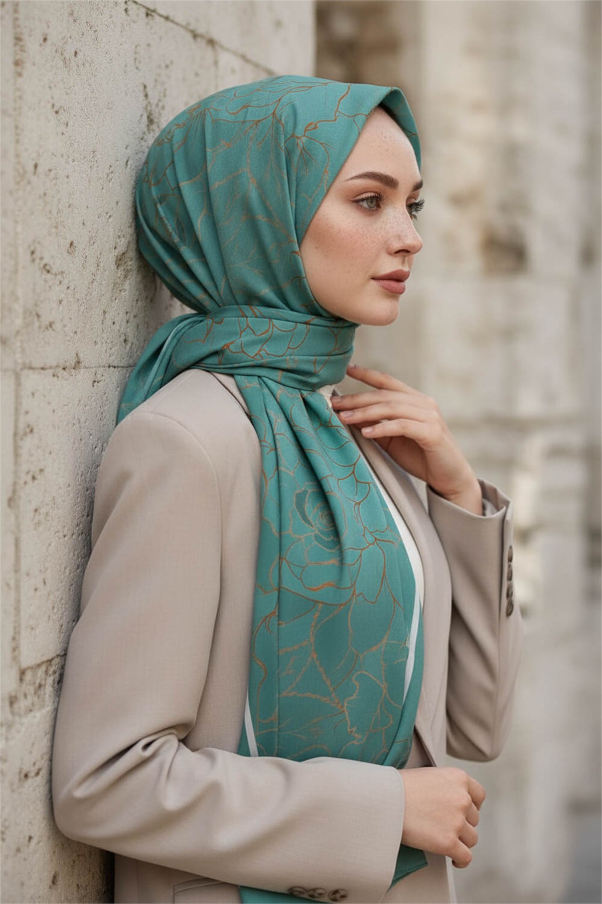 KREP ÇİÇEK DESENLİ MİNT YEŞİLİ RENKLİ 75X195 KIRIŞMAZ ŞAL
