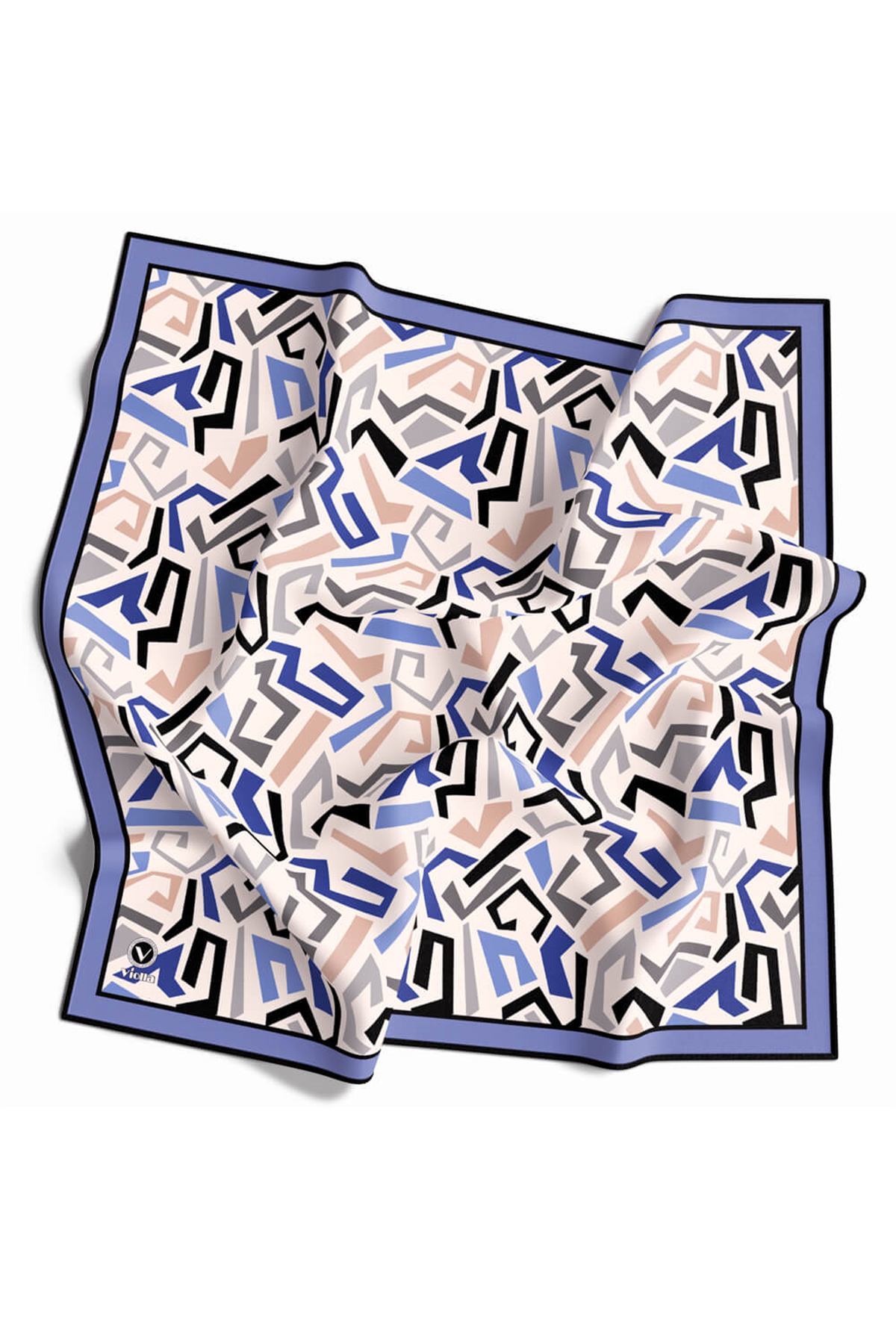 Twill Geometrik Desenli Bebe Mavisi Renkli 90x90 Eşarp (İpek İçermez) Kenar Dikiş Şekli El Dikişli